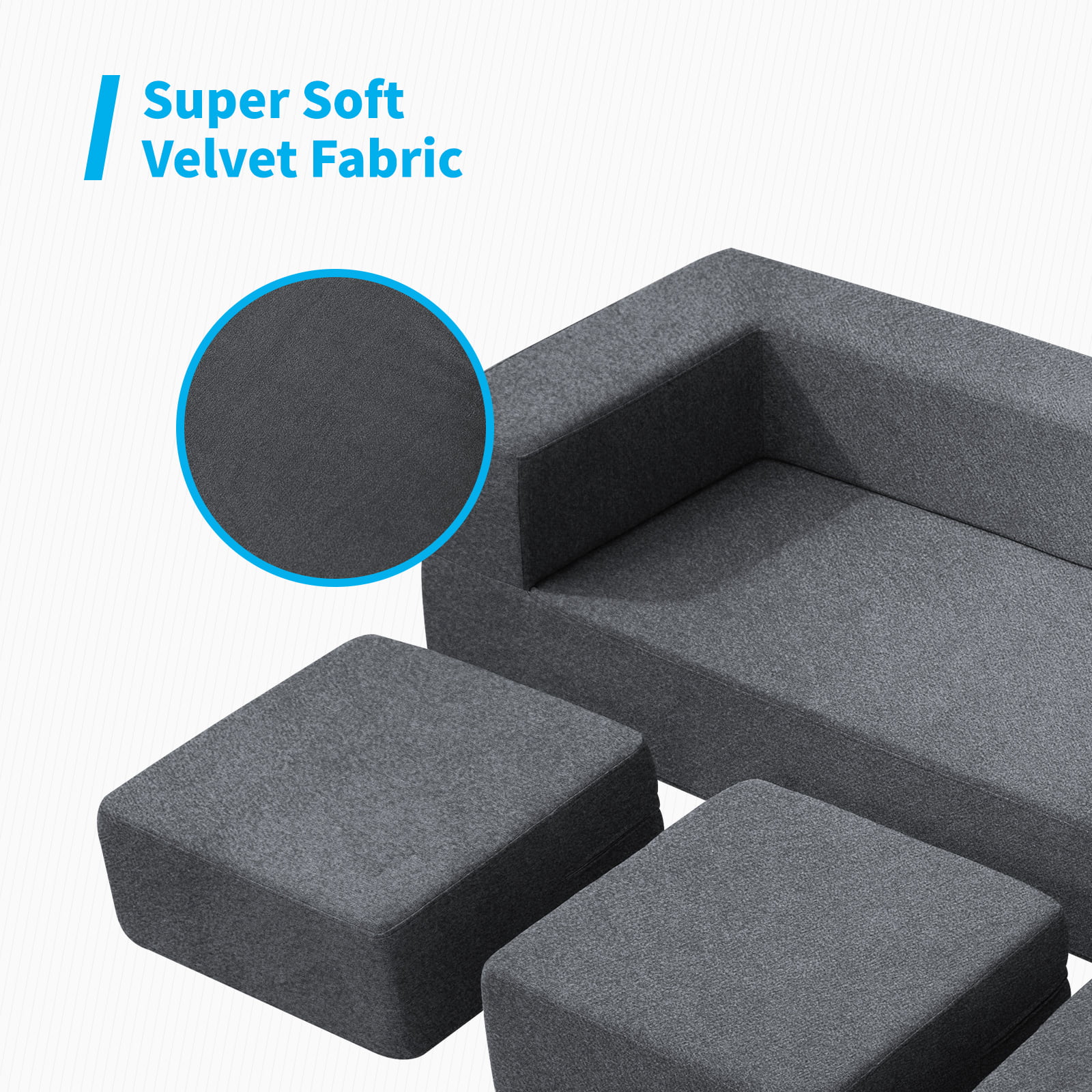 BALUS Folding Bed Couch, Sleeper Foam Sofa Bed, Cushioned Foam Mattress Comfortable Sofa, Floor Couch Sleeper Sofa Foam with 3 Ottomans for Living Room/Bedroom/Guest Room/Home Office (Dark Grey)