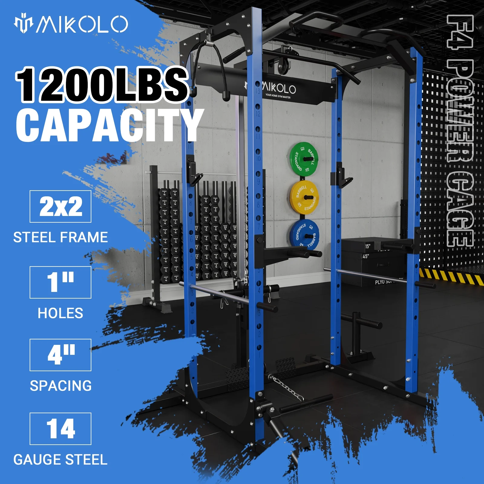 Mikolo Power Rack Cage with LAT Pulldown System, 1200LBS Capacity Power Rack, Multi-Functional Squat Rack with 13-Level Adjustable Height and J-Hooks, Dip Bars, T-Bar, Squat Cage(Upgraded)