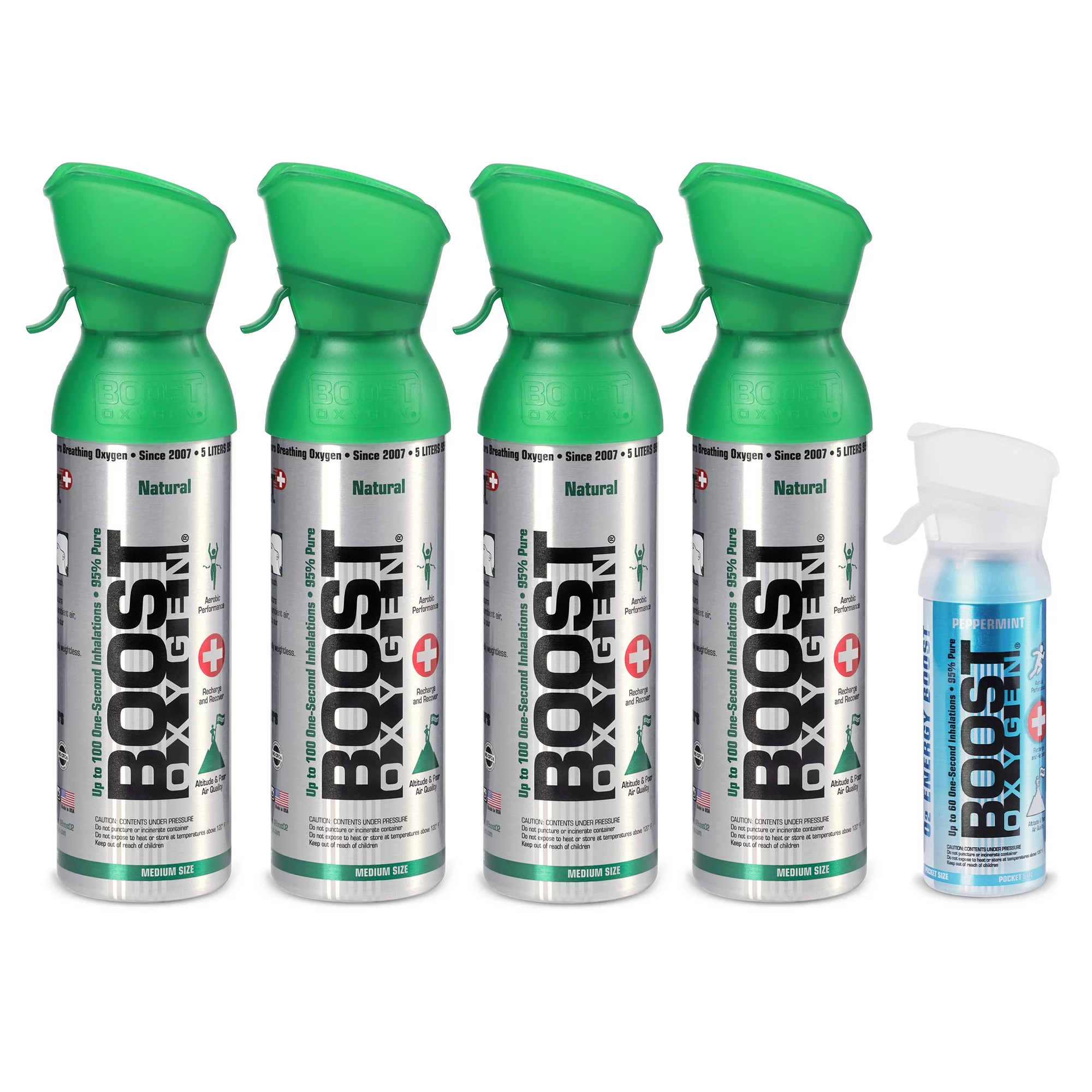 Boost Oxygen 5L Can Oxygen Bottle, Natural (4 Pack) & 3L Bottle, Peppermint