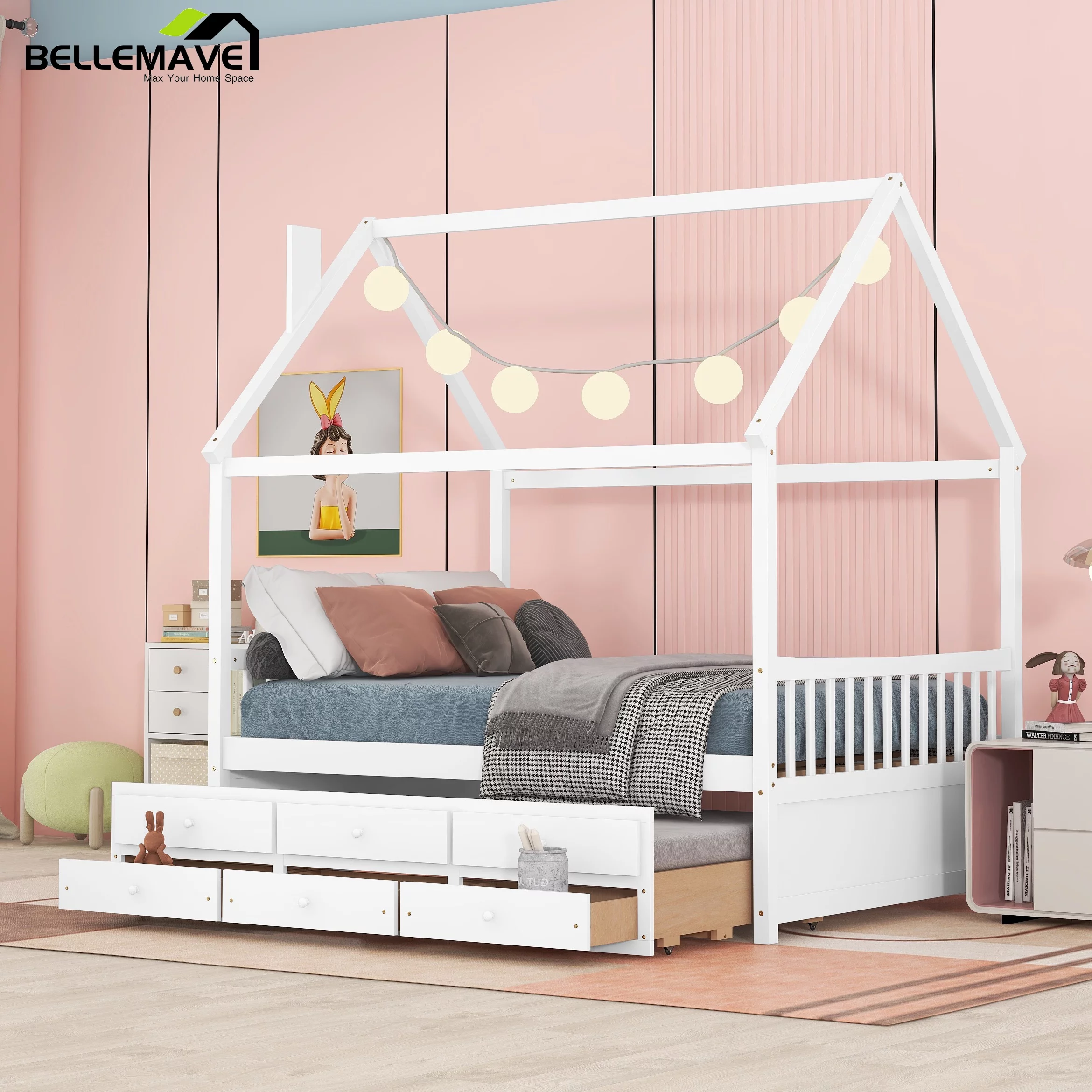 Bellemave Kids House Bed with Trundle and Drawers Full Size Platform Bed with Storage Playhouse Design Wooden Bed Frame With Roof and Headboard for Boys Girls Teens, White