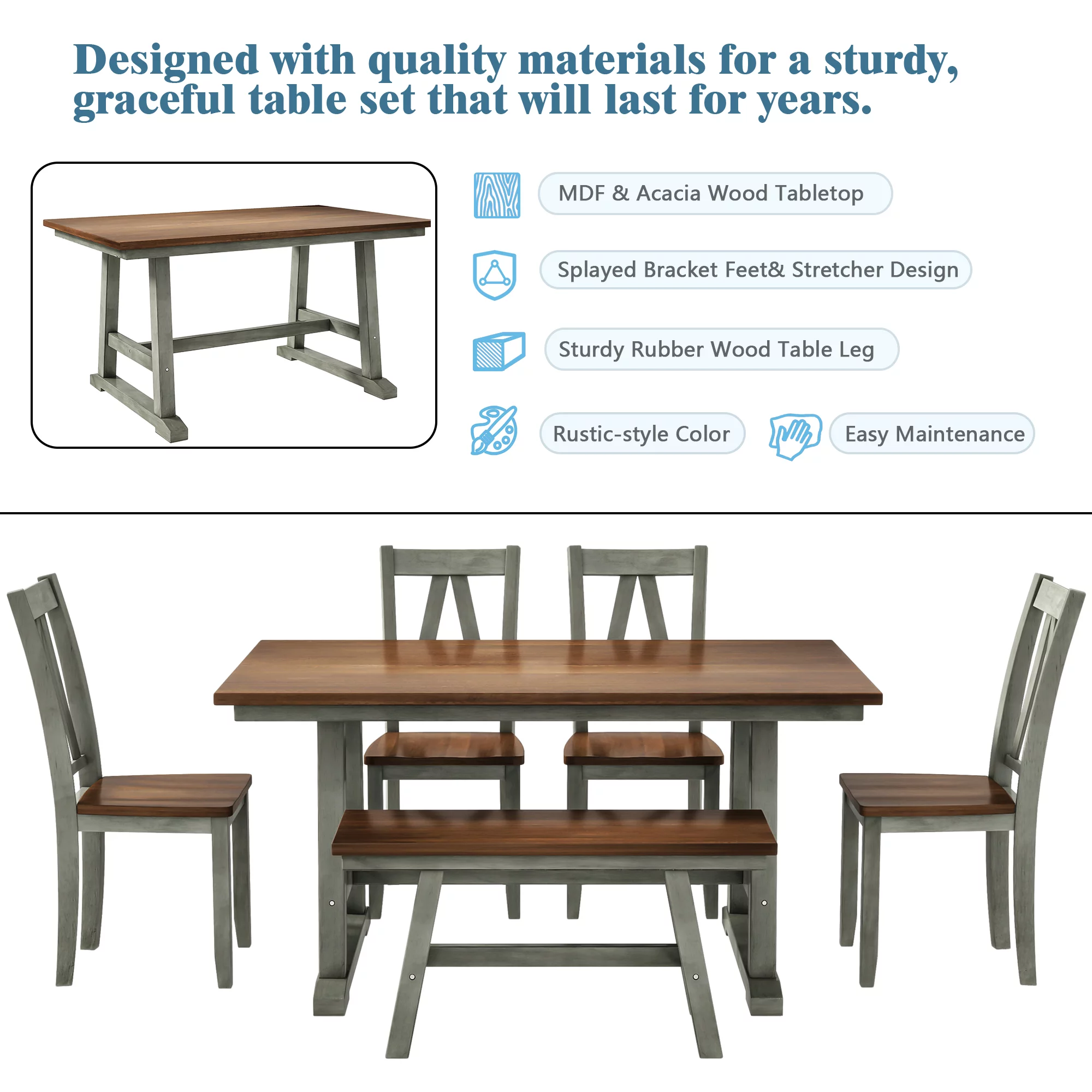 Churanty Wood Farmhouse Dining Table Set for 6 Kitchen Rectangle Table with Long Bench and 4 Dining Chairs, Walnut+Gray