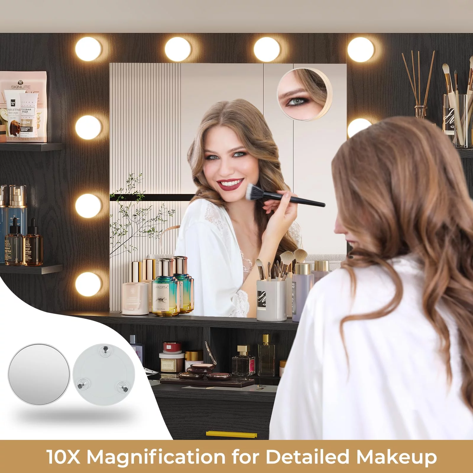 Afuhokles Glass Top Vanity Desk with Mirror and Lights, Makeup Vanity with Lights, Charging Station, 8 Drawers, Acrylic Dividers and Shelves, Black