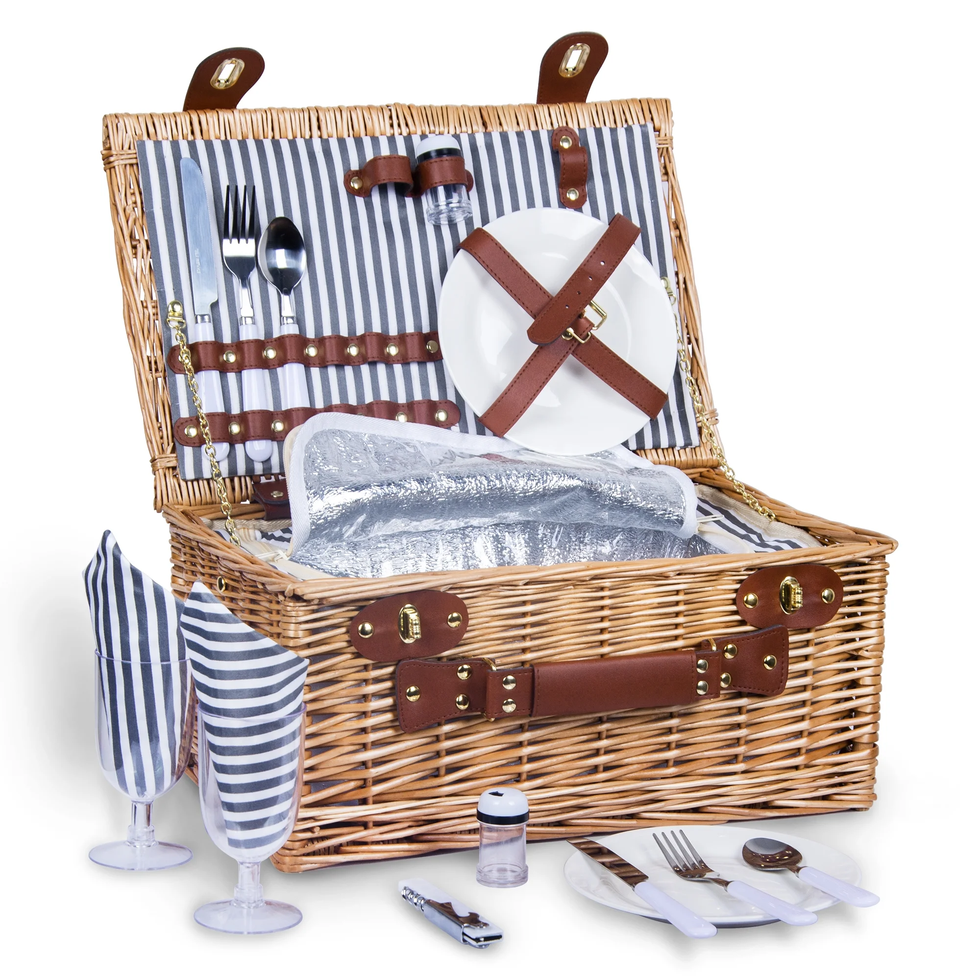 Wicker Picnic Basket Set for 2 Persons Large Willow Hamper with Insulated Cooler Compartment and Cutlery Service Kit, Classic Stripe Grey