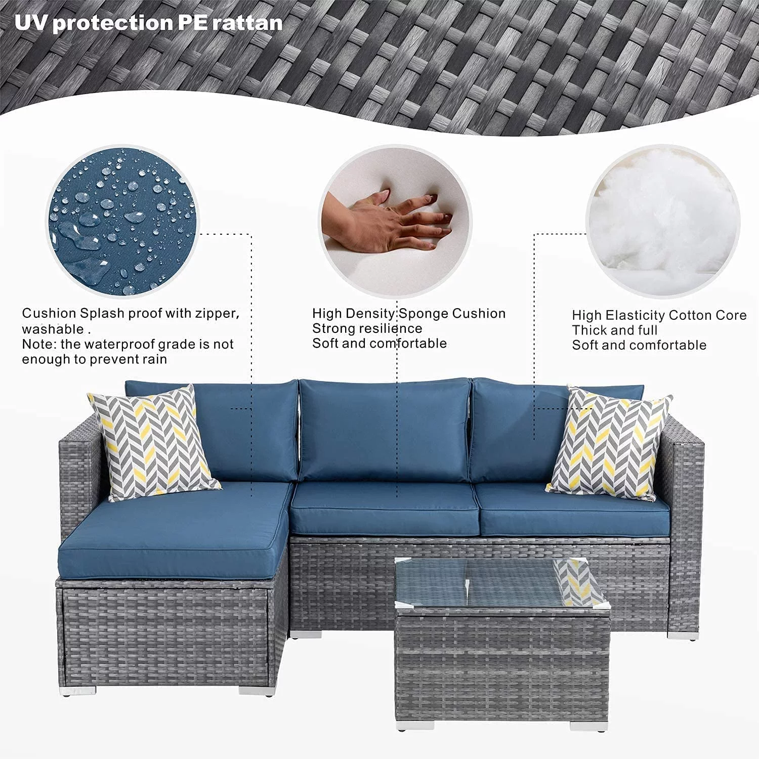 Walsunny 3 Piece Aegean Blue Outdoor Furniture Sectional Sofa Patio Set Silver Gray Rattan Wicker