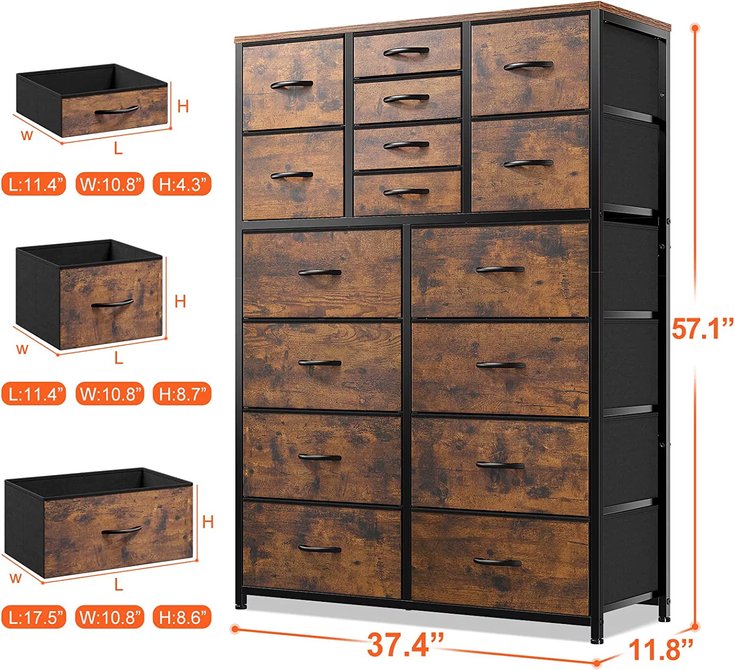 Popular 16 Drawer Dresser  Tall Dresser for Bedroom with Wooden Top and Sturdy Metal Frame  Large Dressers & Chest of Drawers for Bedroom Closet Living Room Entry 57.1"Hx 37.4"