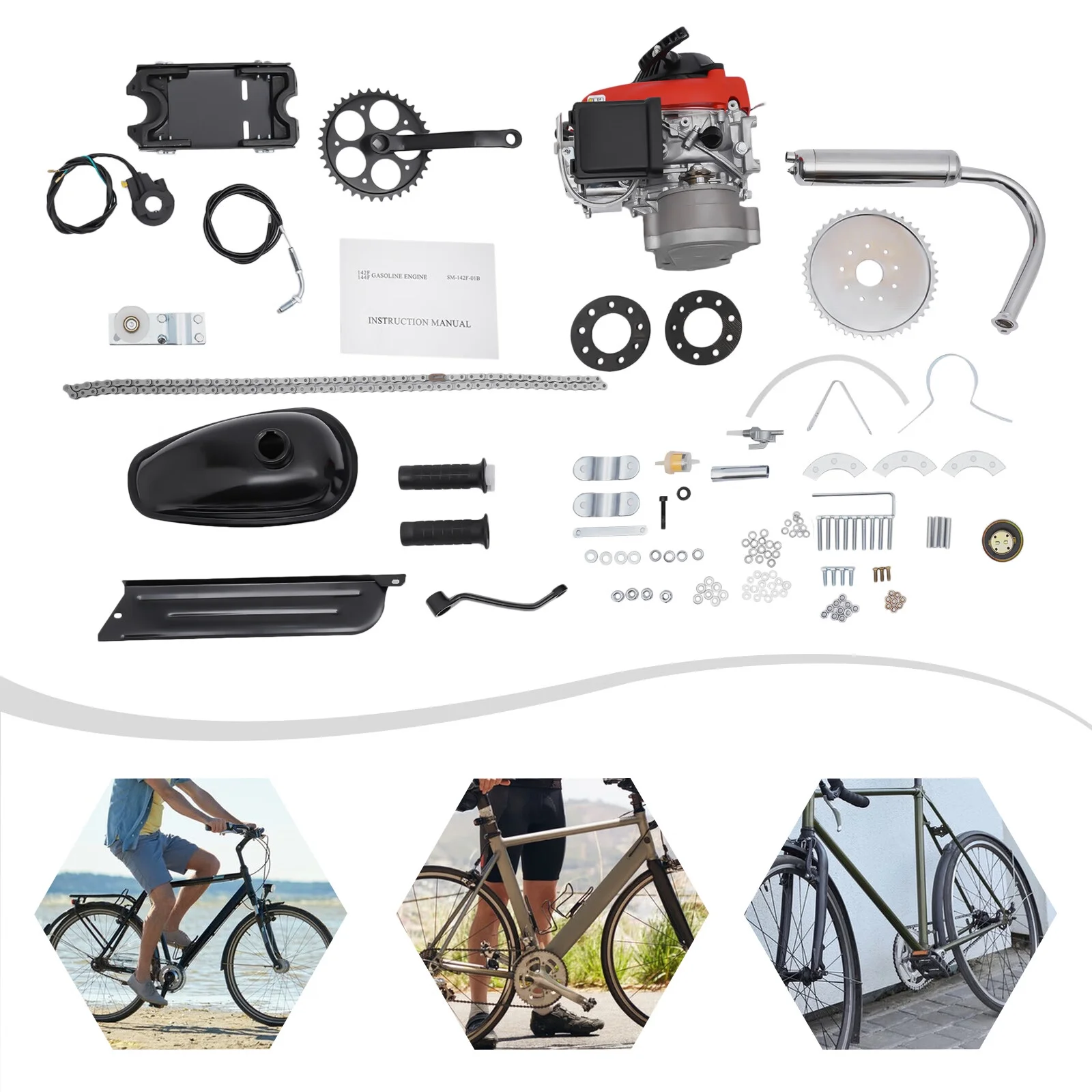 Anqidi Full Set 4-Stroke 53CC Bicycle Engine Kit Gas Motorized Bike Electric Bicycle Engine Motor Complete Kit Gasoline Powered Engine TCI Ignition 1.5KW 6800Rpm