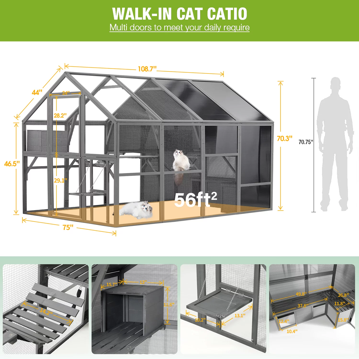 Cat House Outdoor Luxurious Cat Condo, Segmart Walk-in Weatherproof UV Proof Walk in Catio Enclosure Iguana Cage with Sunshine Board, Super Large Enter Door, Sleeping Houses, Bridges, Dark Grey