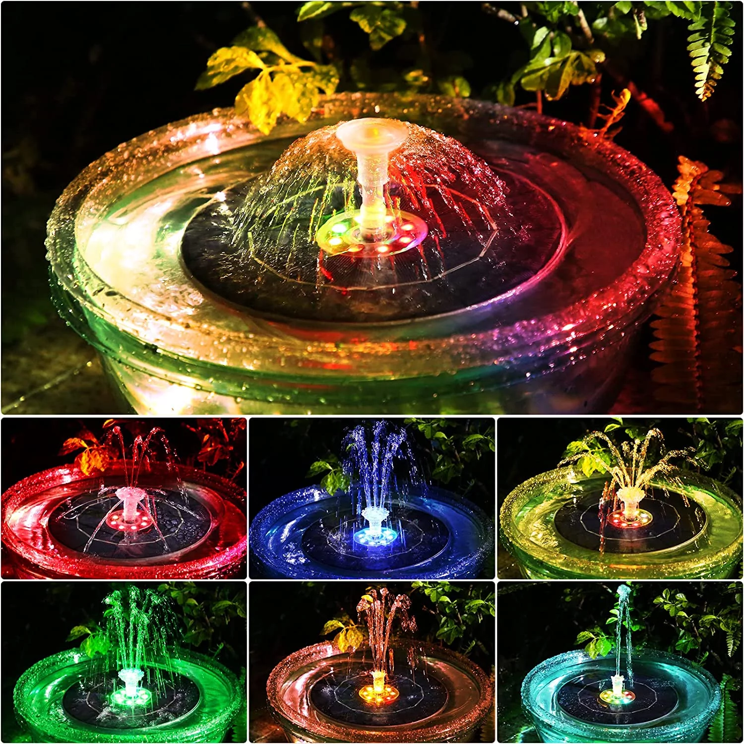 AISITIN 6.5W LED Solar Fountain with Retractable Stand,Colourful Solar Water Fountain with 3000mAh Battery and Double-Sided LED Light Solar Fountain Pump for Bird Bath,Garden,Pond,DIY Water Feature