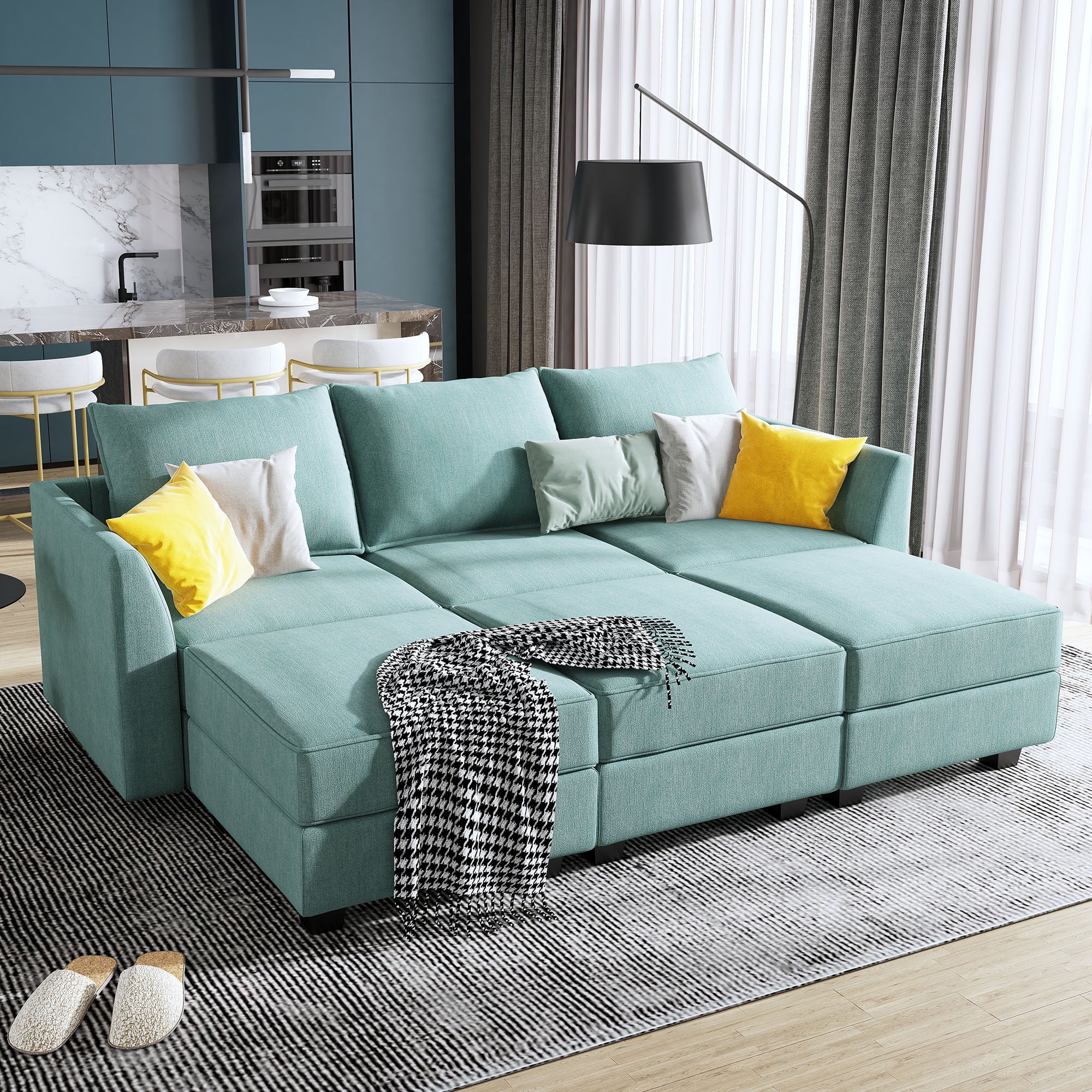 HONBAY Modern Convertible 6 Pieces Fabric Sleeper Sectional Couch Sofa Bed with Storage Ottomans, Aqua Blue