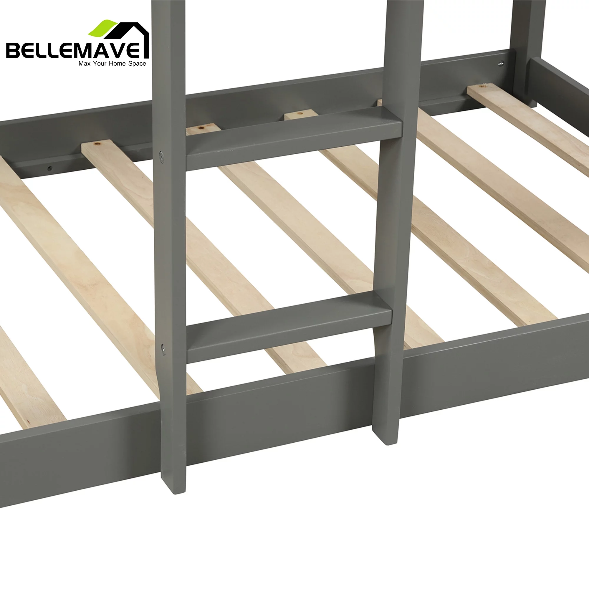 Bellemave Twin over Twin Bunk Bed for Kids, Twin House Bunk Bed with Roof, Window, Guardrail and Ladder, Low House Bunk Bed/Wood Playhouse Bunk Bed for Kids, Girls, Boys(Gray)