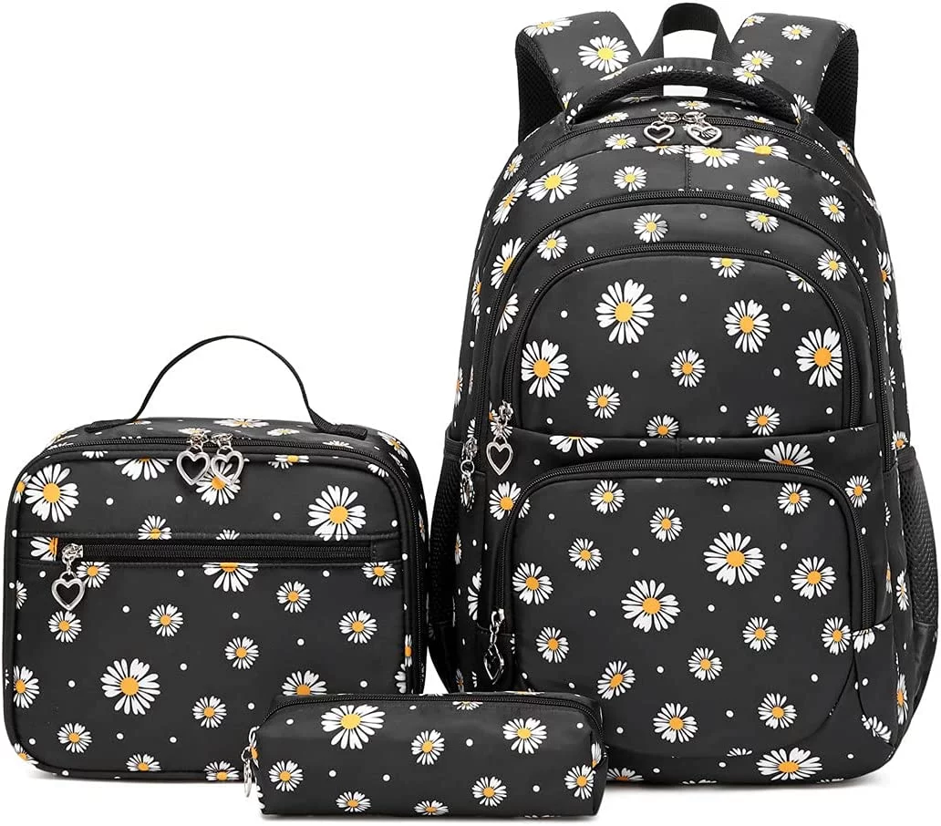 3Pcs Daisy Prints Backpack for Girls Bookbag set Primary School Daypack Elementary Students Knapsack with Lunch Box