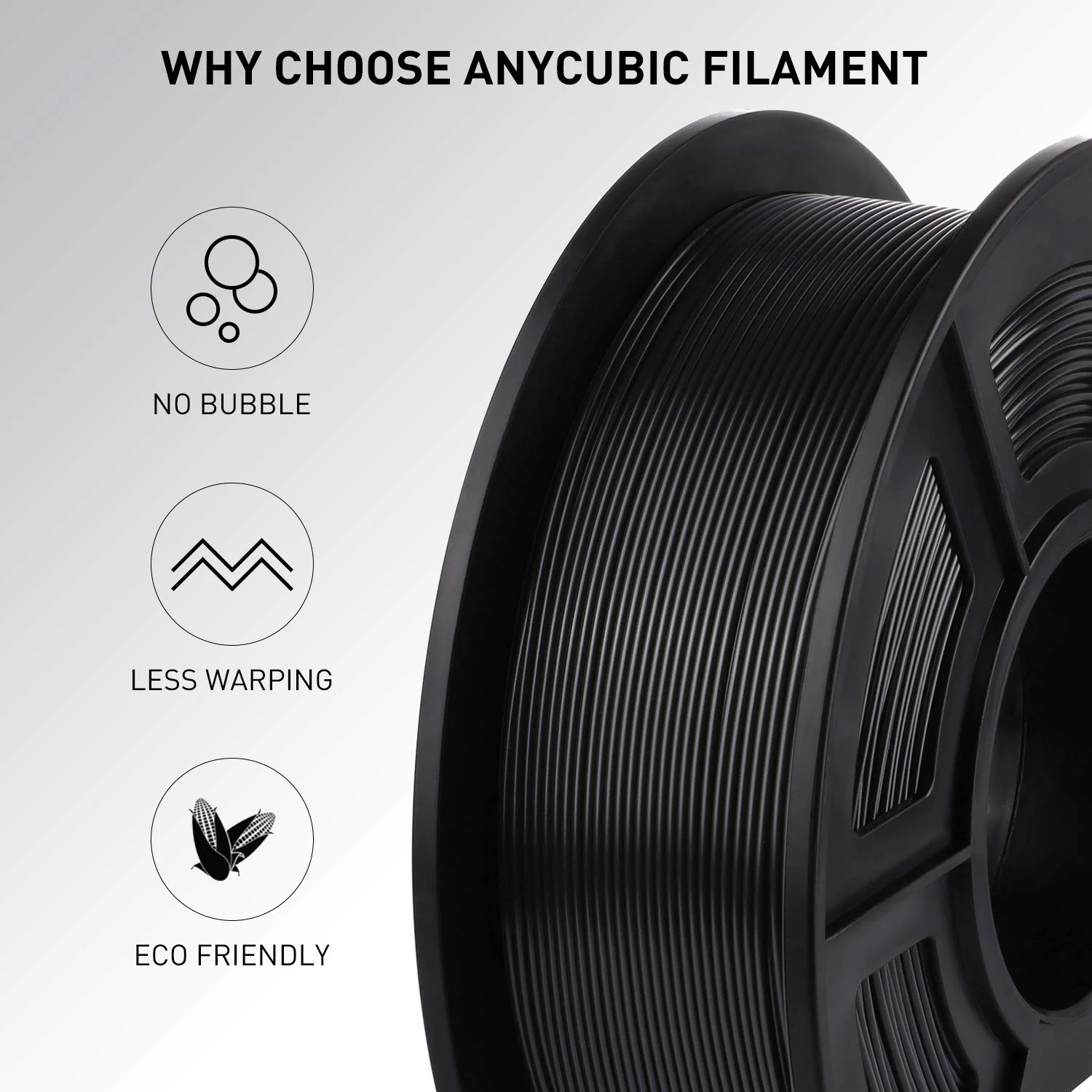 ANYCUBIC 3D Printer Filament , 1.75mm Dimensional Accuracy +/- 0.02mm 3D Printing PLA Filament  Fits for Most FDM 3D Printers (Black 1KG Spool)