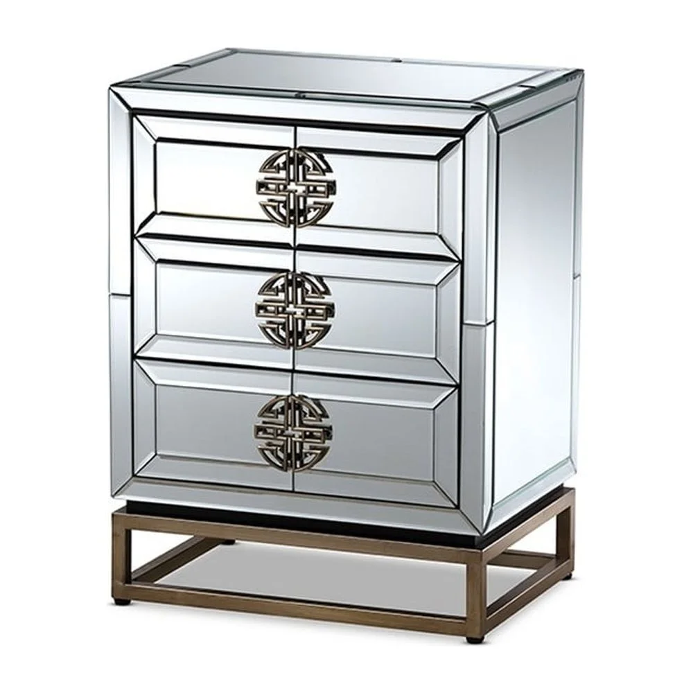 Laken Contemporary Glam and Luxe Mirrored and Antique Bronze Finished 3-Drawer Nightstand
