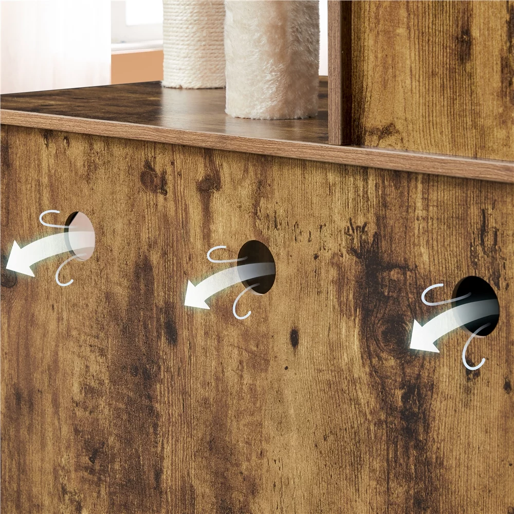 Easyfashion Wooden Litter Box Enclosure with Cat Tree Tower,Rustic Brown/Beige