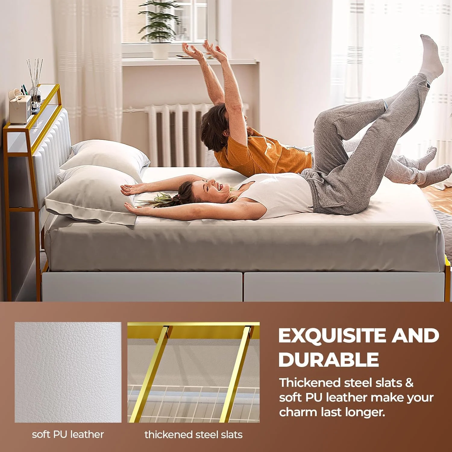 VIPLIVE King Bed Frame with Double Layer Faux Leather Upholstered Headboard and 4 Storage Drawers