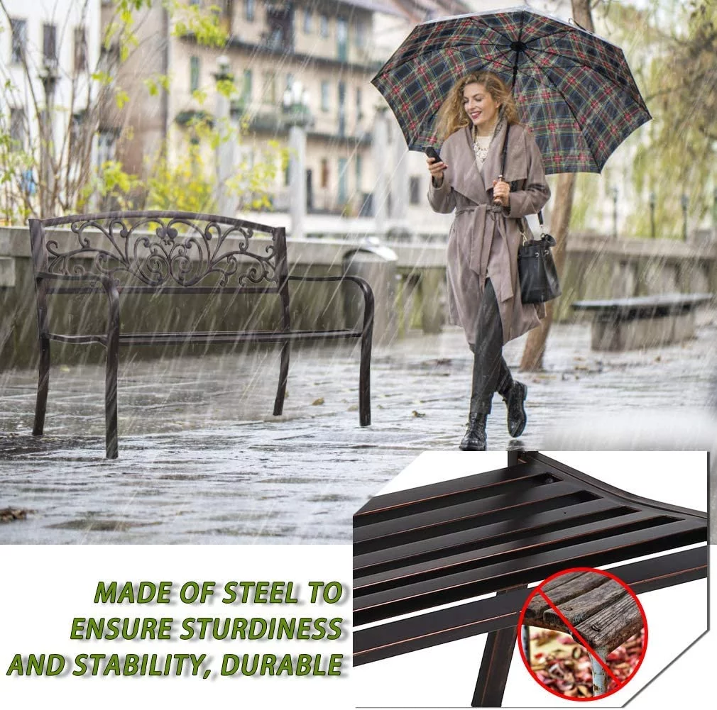 Outdoor Garden Bench Metal, Patio Park Bench with Armrests for Yard Steel & Cast Iron Chair Steel Frame Furniture for Deck Lawn Courtyard