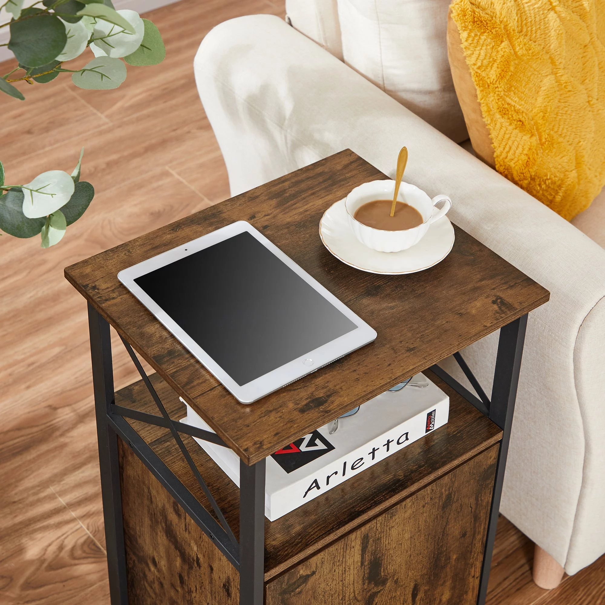 VECELO (Set of 3) Bedroom Set Bed Frame with 2 Brown Nightstand