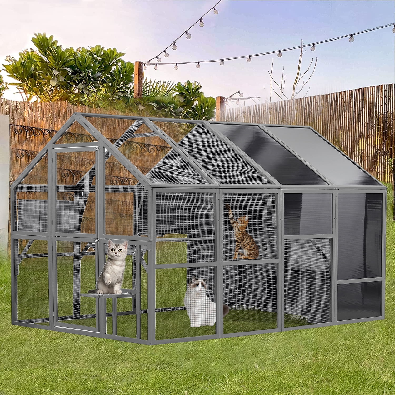 Cat House Outdoor Luxurious Cat Condo, Segmart Walk-in Weatherproof UV Proof Walk in Catio Enclosure Iguana Cage with Sunshine Board, Super Large Enter Door, Sleeping Houses, Bridges, Dark Grey
