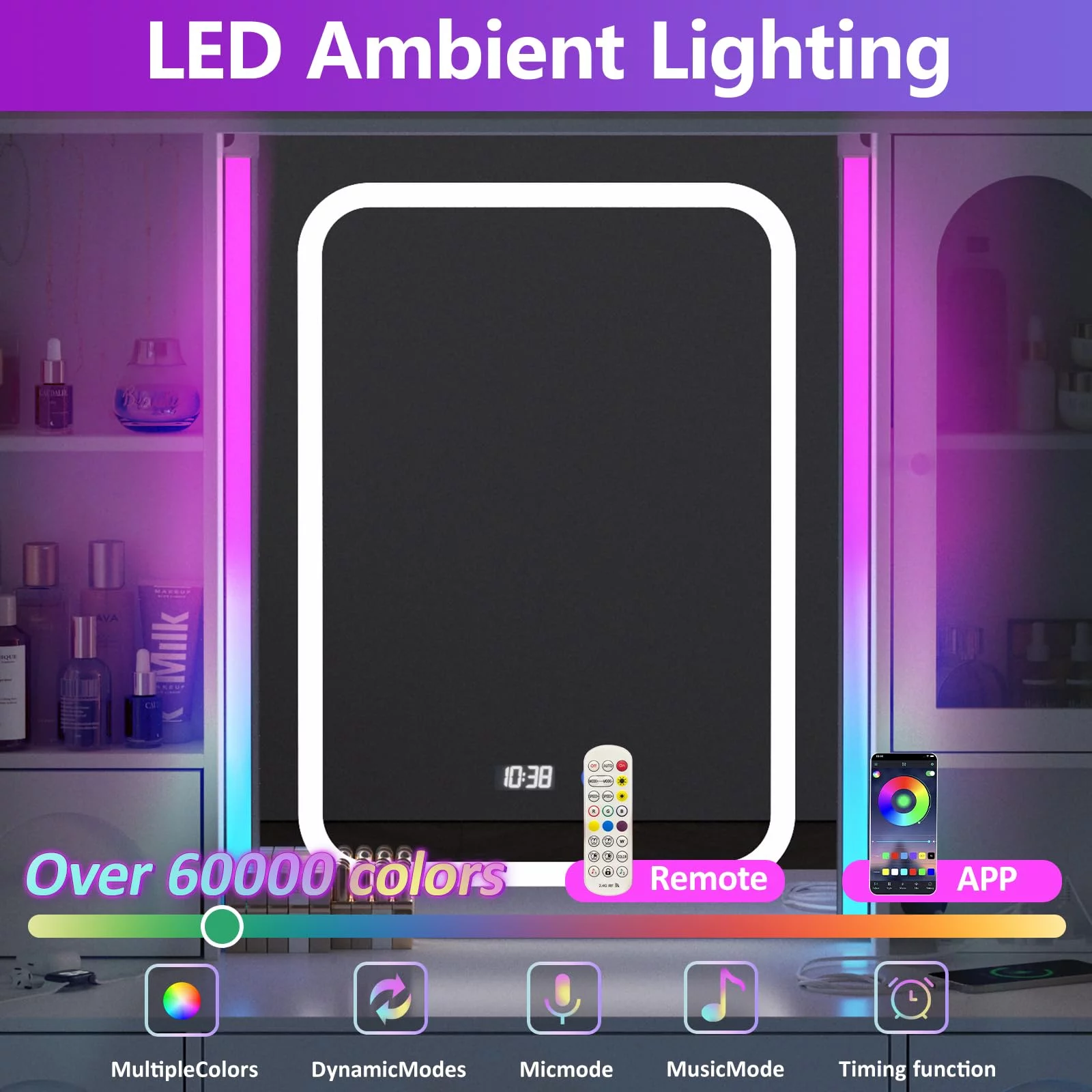 VEANERWOOD White Vanity Desk with Mirror and Lights, Makeup Vanity with RGB Lights and Power Strip, Makeup Desk Vanity Table with 5 Drawers Lots Storage & Time Display,41.3in(L)