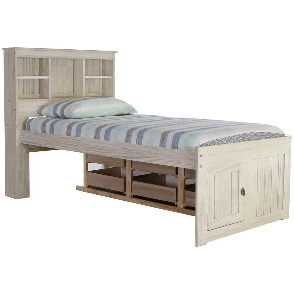 American Furniture Classics OS Home and Office Furniture Model 85220K6-22 Solid Pine Twin Captains Bookcase Bed with 6 drawers in Light Ash