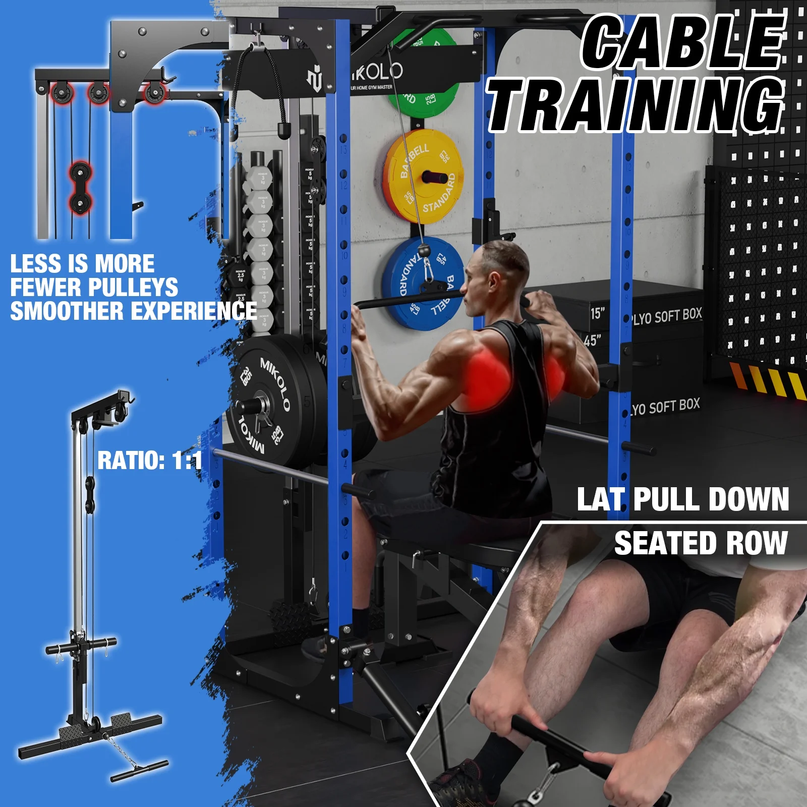 Mikolo Power Rack Cage with LAT Pulldown System, 1200LBS Capacity Power Rack, Multi-Functional Squat Rack with 13-Level Adjustable Height and J-Hooks, Dip Bars, T-Bar, Squat Cage(Upgraded)