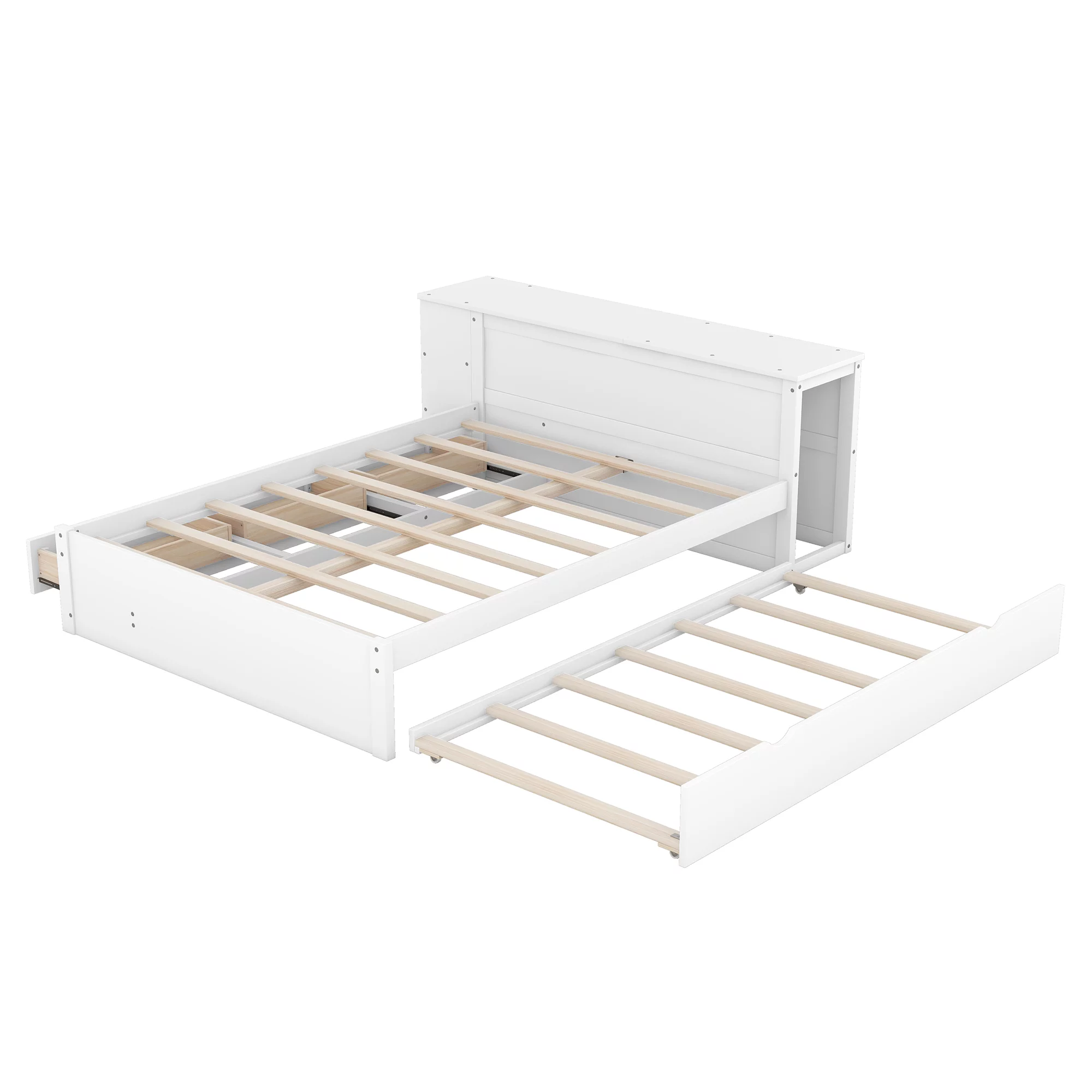 Churanty Full Size Platform Bed Frame with Rolling Desk and Storage Headboard Modern Wood Bed Frame with Trundle and Drawers,White