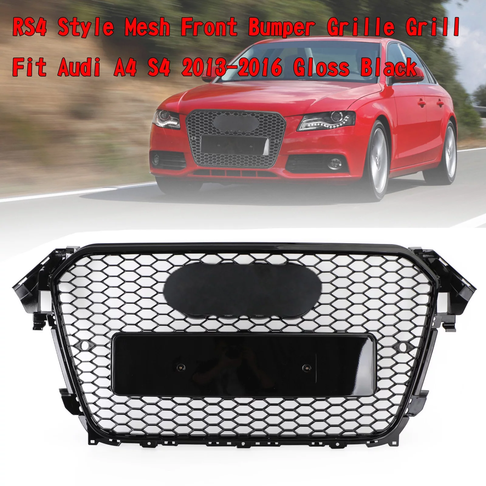 RS4 Style Mesh Front Bumper Grille Grill fit for Audi A4 S4 2013-2016 Gloss Black