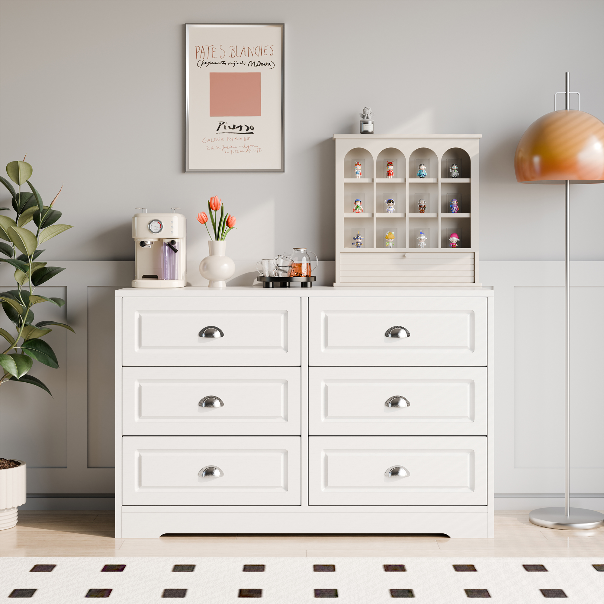 Walsunny 6 Drawer Double Dresser White Wooden Wide Chest of Drawers with Metal Handles Storage Organizer Dresser Nursery Dresser for Living Room Hallway