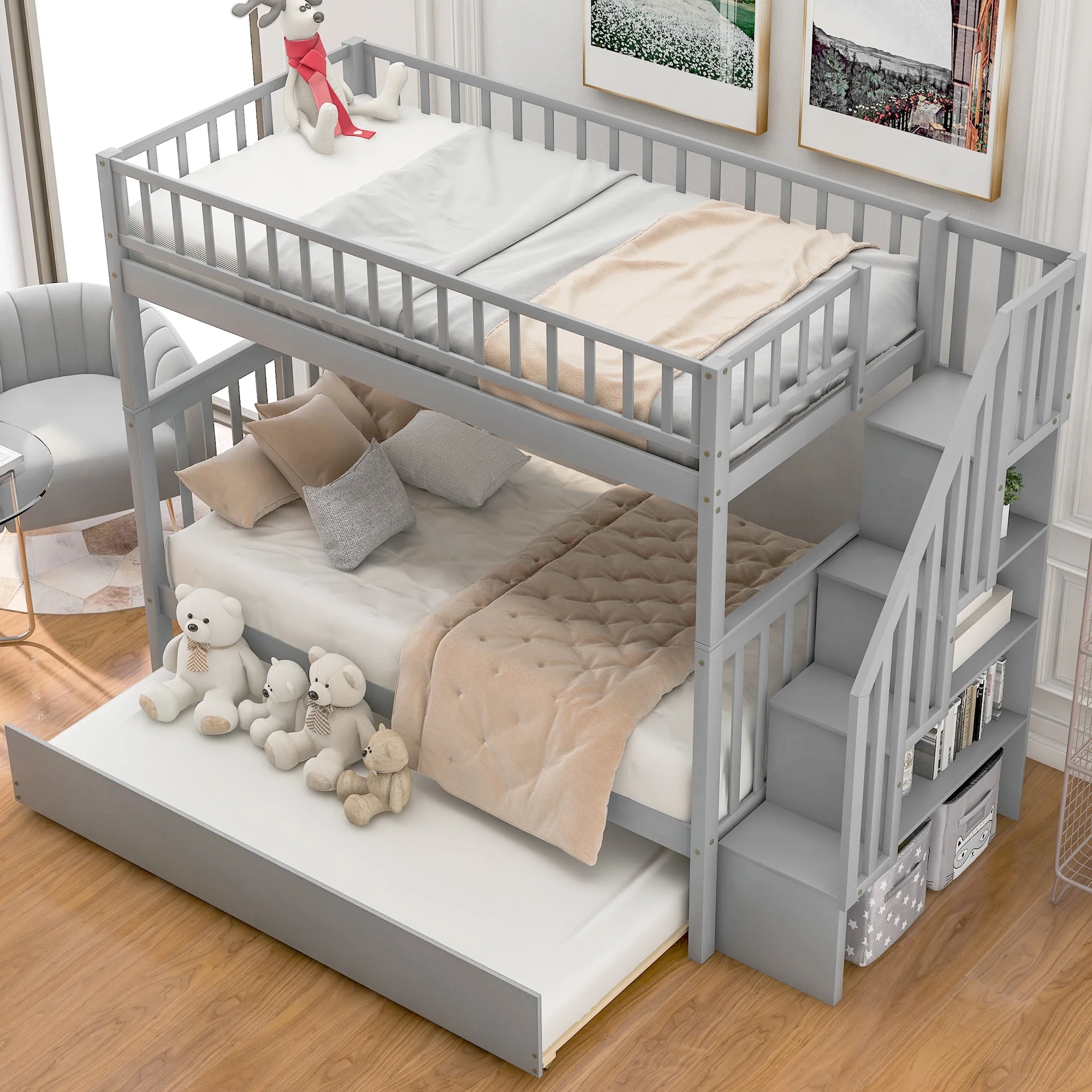 CHURANTY Solid Wood Bunk Bed Frame with Trundle,Twin Over Twin Loft Bed With Storage Stairways and Guardrails for Kids and Teens