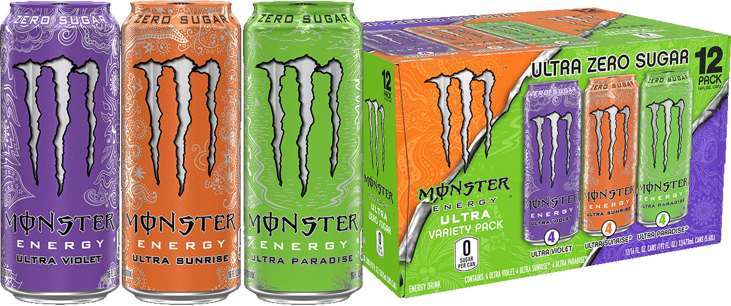 (12 Cans) Monster Ultra VP, Ultra Sunrise, Ultra Violet, Ultra Paradise, 16 fl oz, 12 Pack