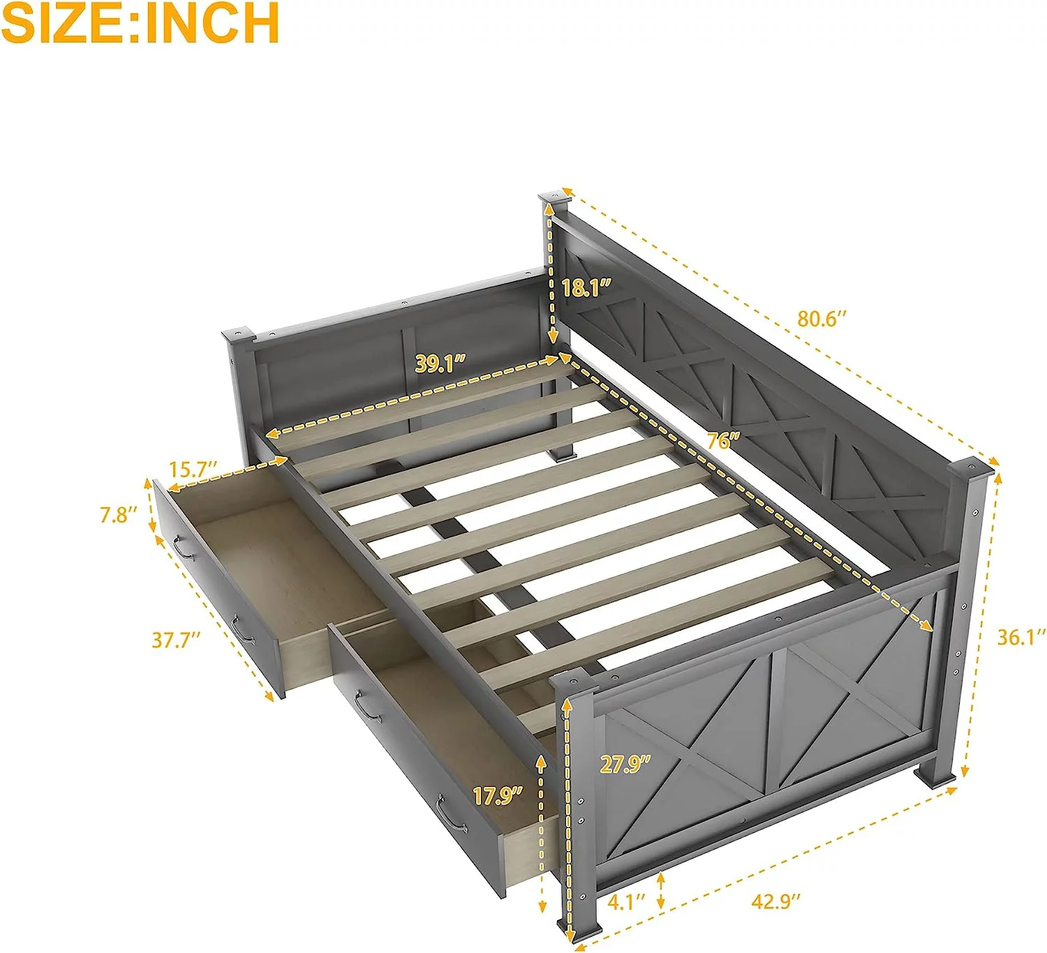 Size Daybed With Two Storage Drawers, Wood Multifuctioal Sofa Bed X-Shaped Frame, Moder Daybed With Slat Support For Bedroom Livig Room, Grey