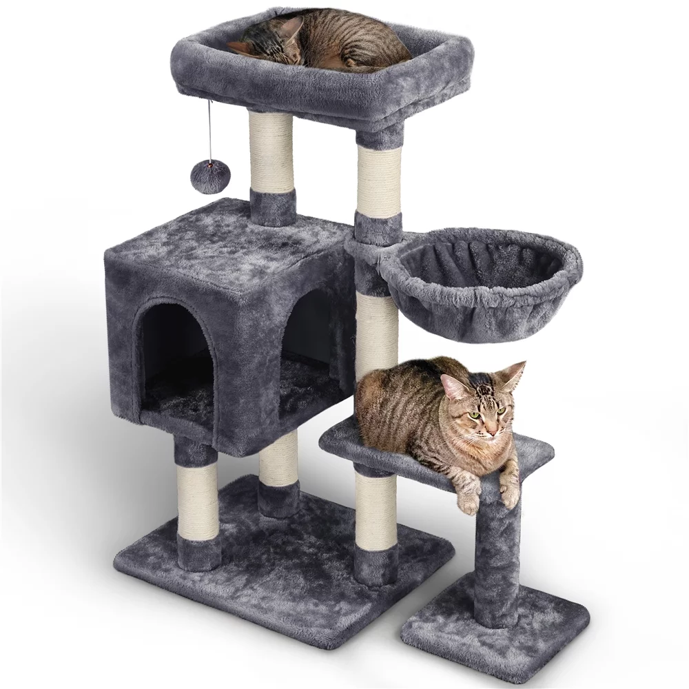 Easyfashion 4-Level Plush Cat Tree Cat Pet Scratching Stand with Condo, Dark Gray