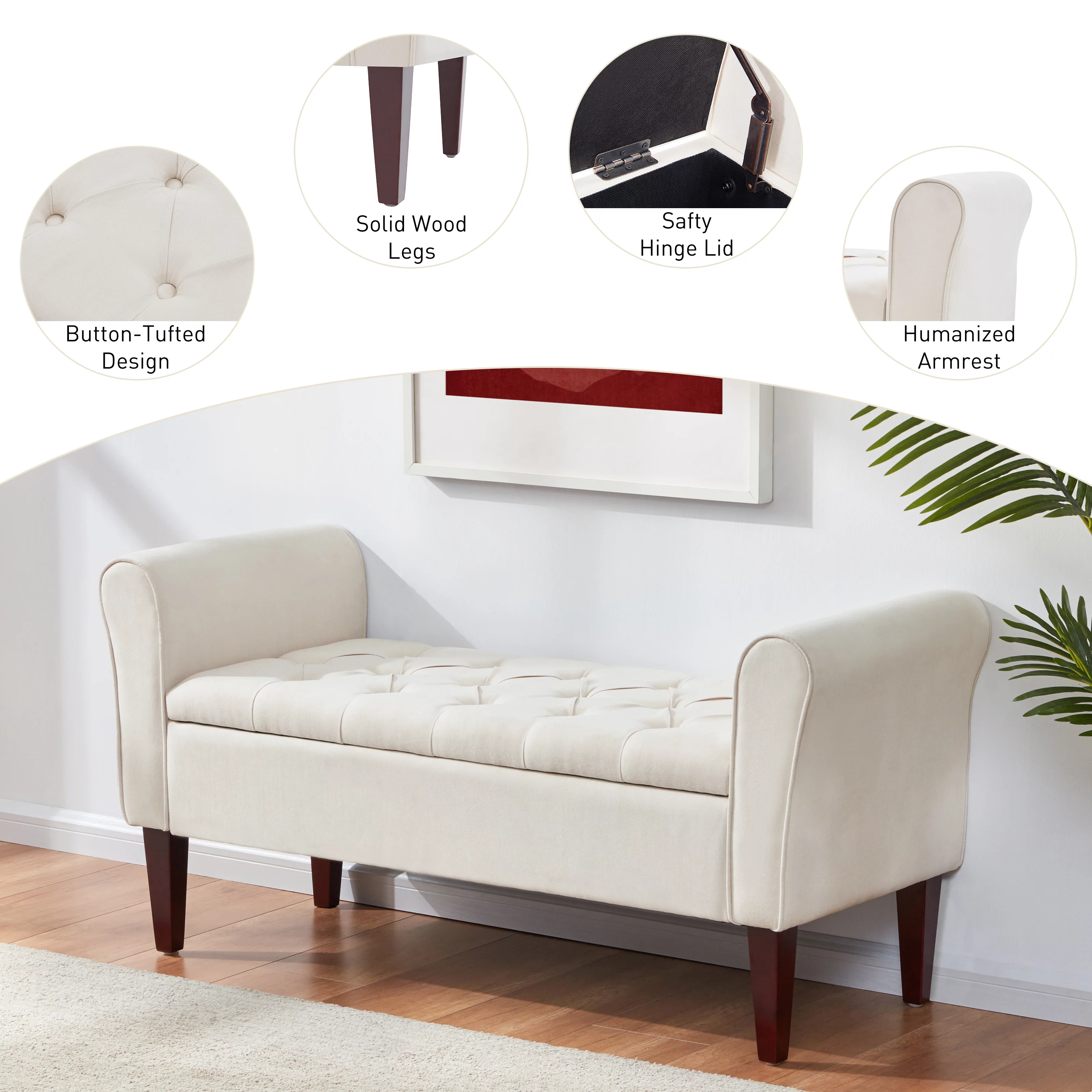 HUIMO Arm Storage Ottoman, Upholstered Window Sitting Bench for Bedroom,End of Bed Bench Indoor, Livingroom, Entryway (Beige)