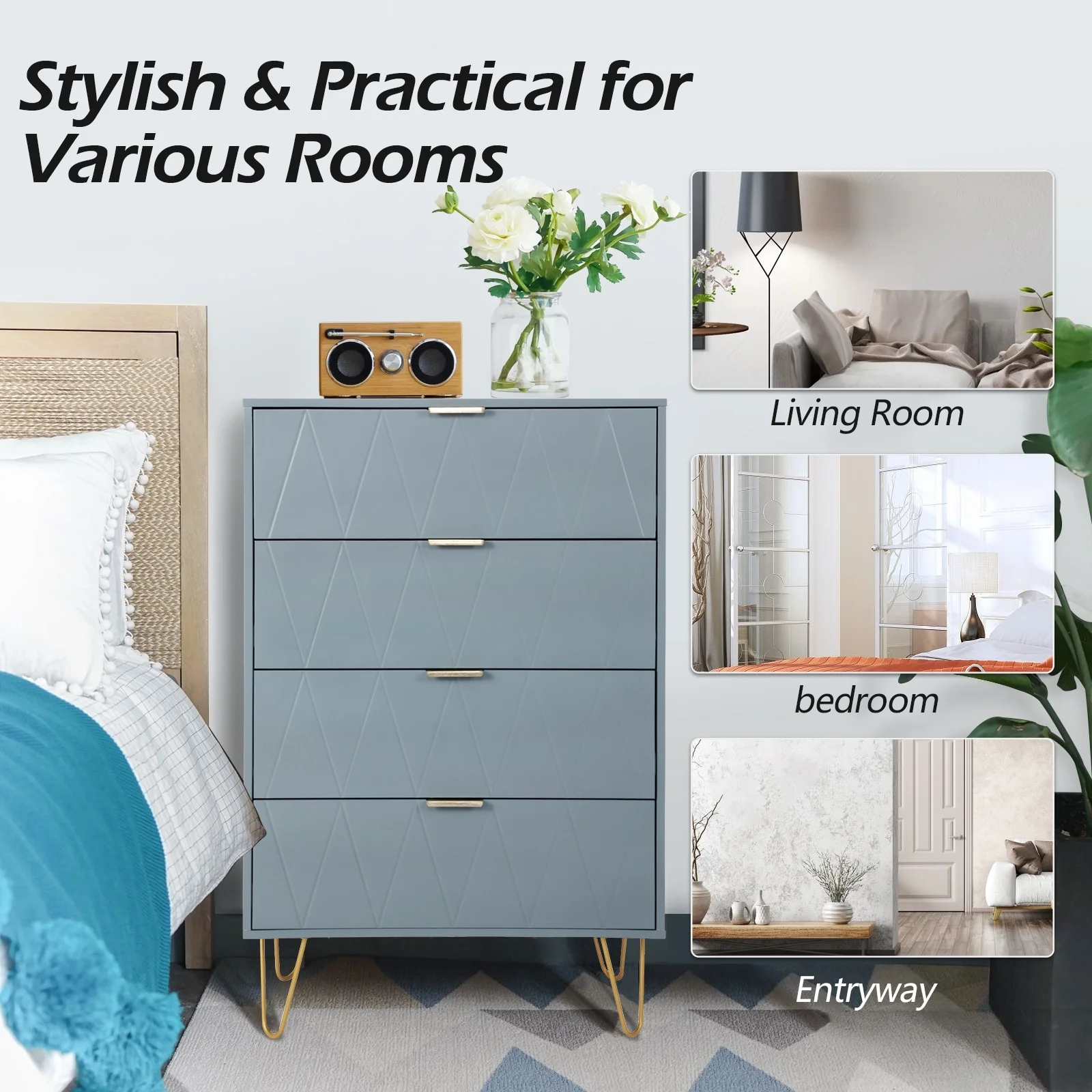 4 Drawers Chest Of Dresser Tall Storage Tower Cabinet with Metal Legs For Bedroom Living Room Bluish Gray