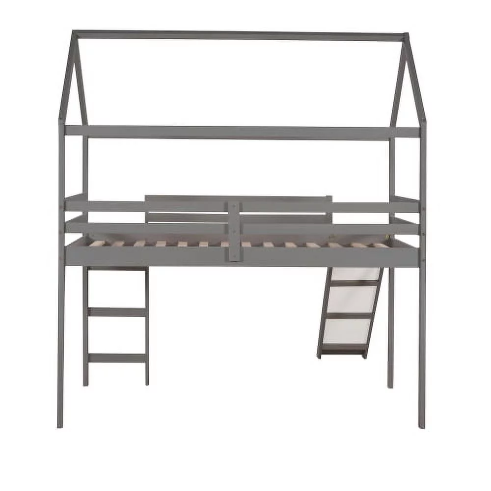 CHURANTY Twin Size Loft Bed with Slide, Wood House Loft Bed Frame , Twin Size Playhouse Loft Bed for Kids Boys Girls, Gray