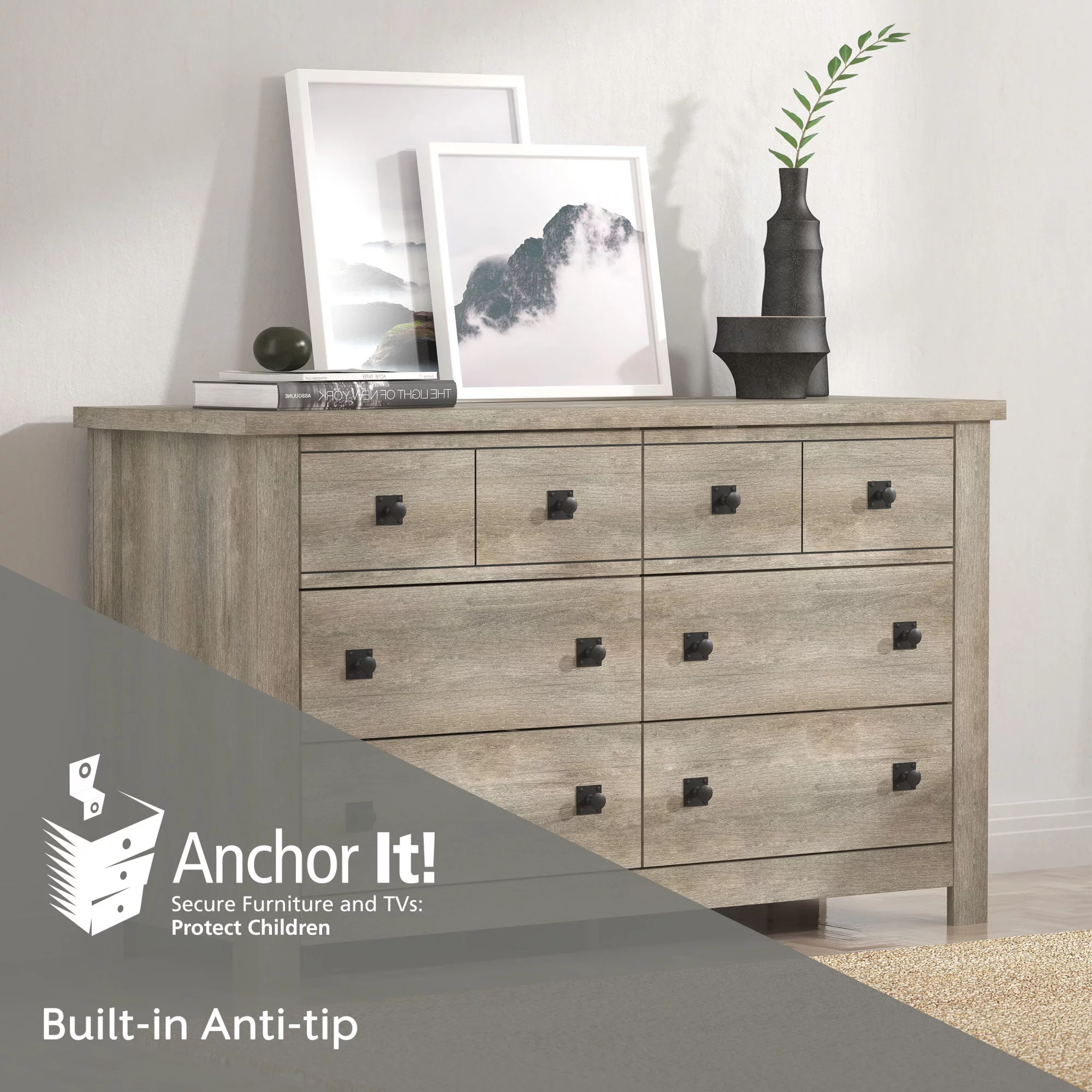 Hillsdale Addison Farmhouse 6 Drawer Dresser, Driftwood Gray