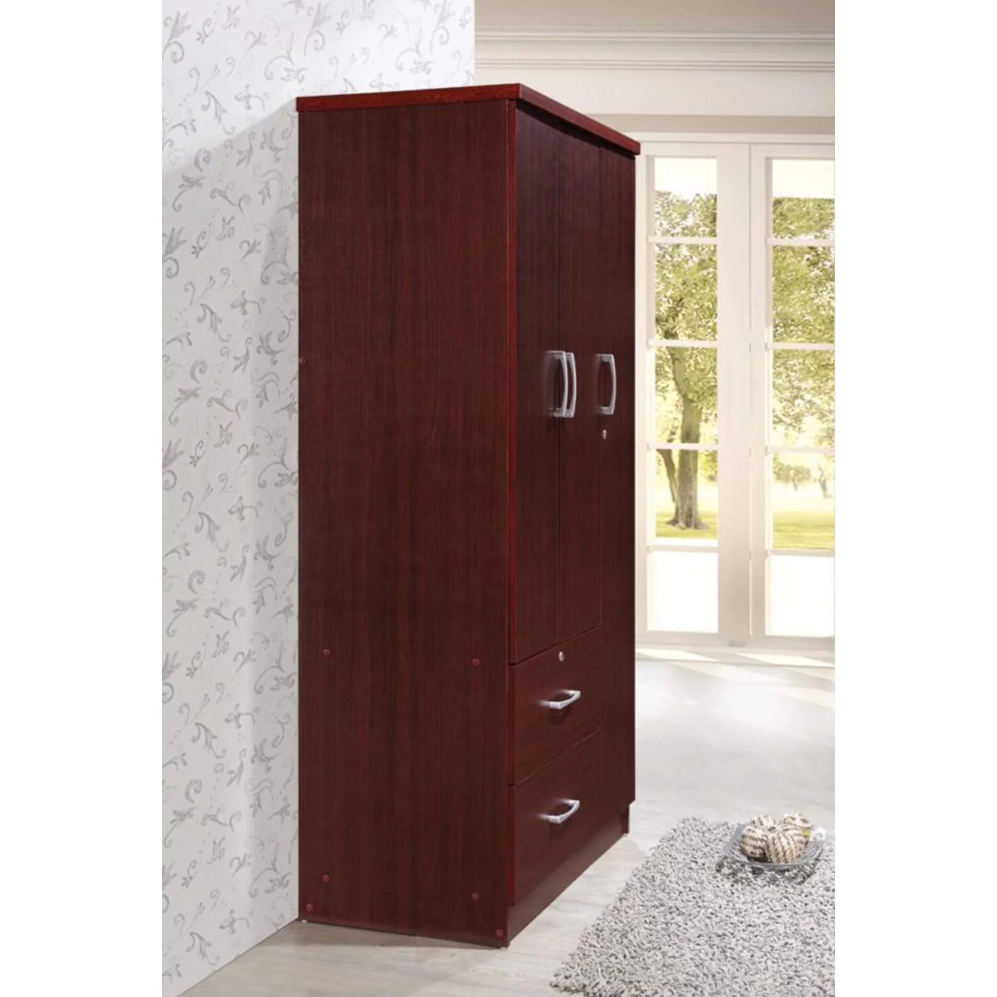 Hodedah Import 3 Door Armoire with Rod, Shelves, and 2 Drawers, Mahogany