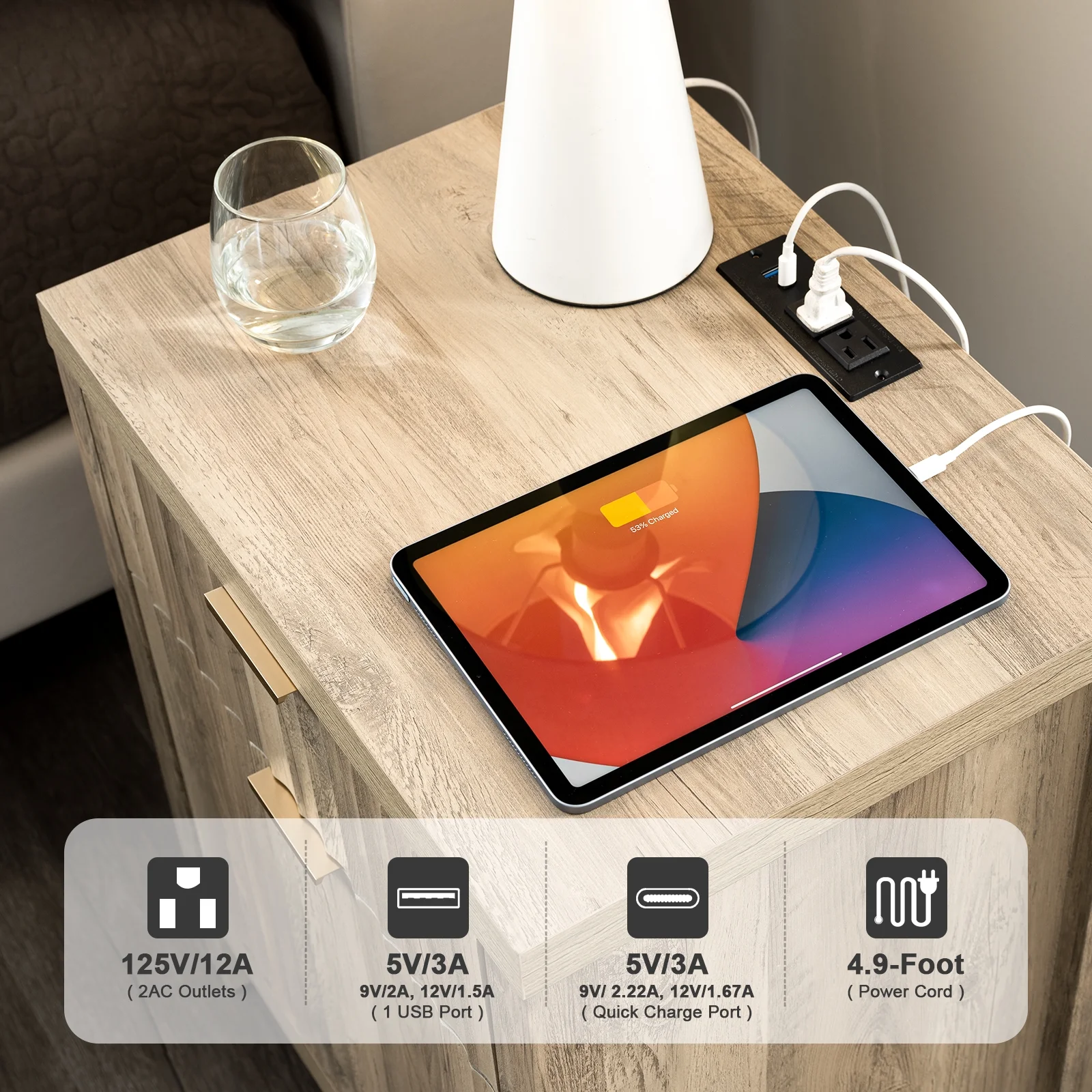 OAKHAM Set of 2 Nightstands with Charging Station and 2 Drawers - Farmhouse Bedside Tables, End Tables for Bedroom, Living Room, Sunwashed Ash Oak