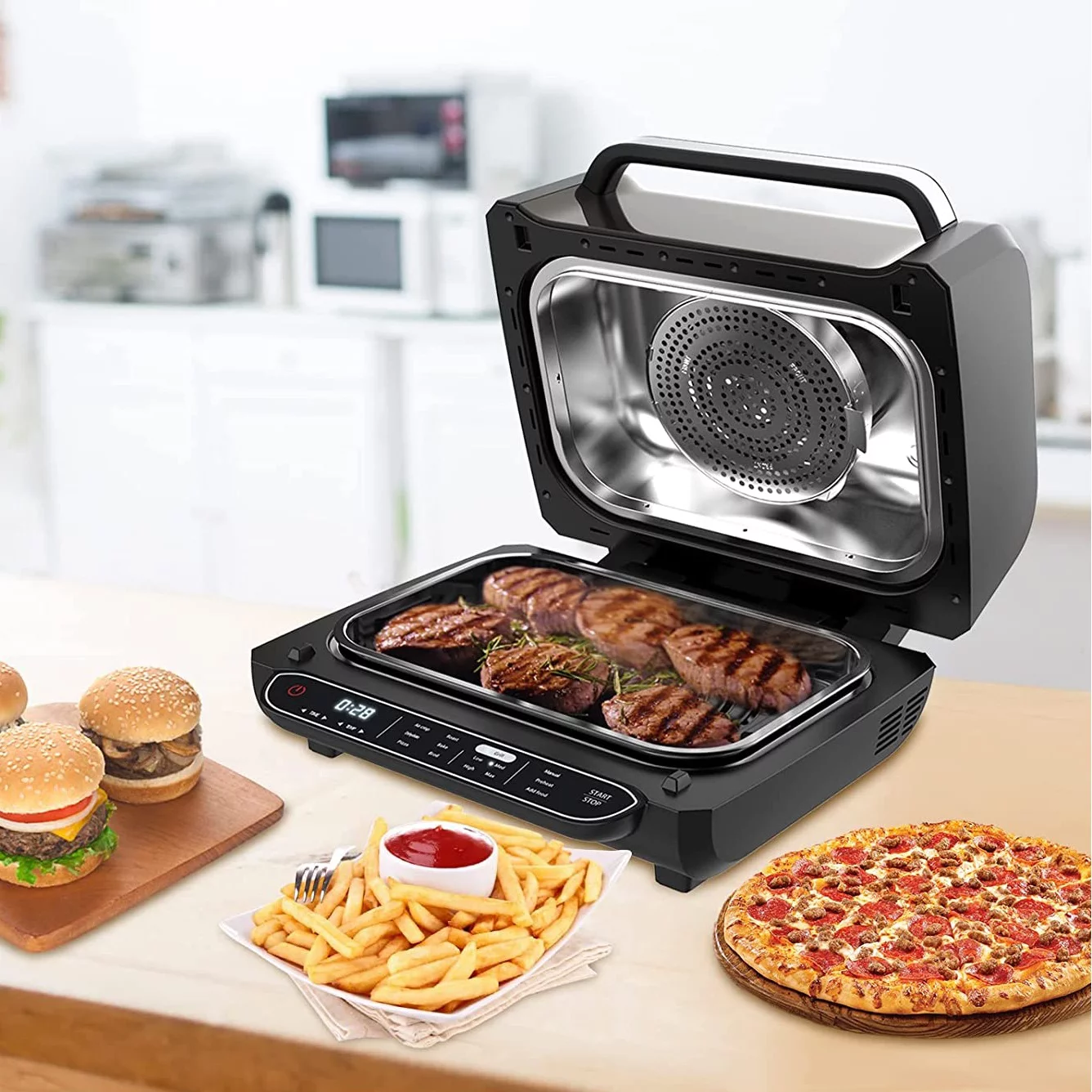 Smart Air Fryer Indoor Grill Combo, 7-in-1 Electric Grills Smokeless & Oilless Cooker, Roast, & Bake Temp & Time Control Grills, with Removable Non-stick Grill Plate