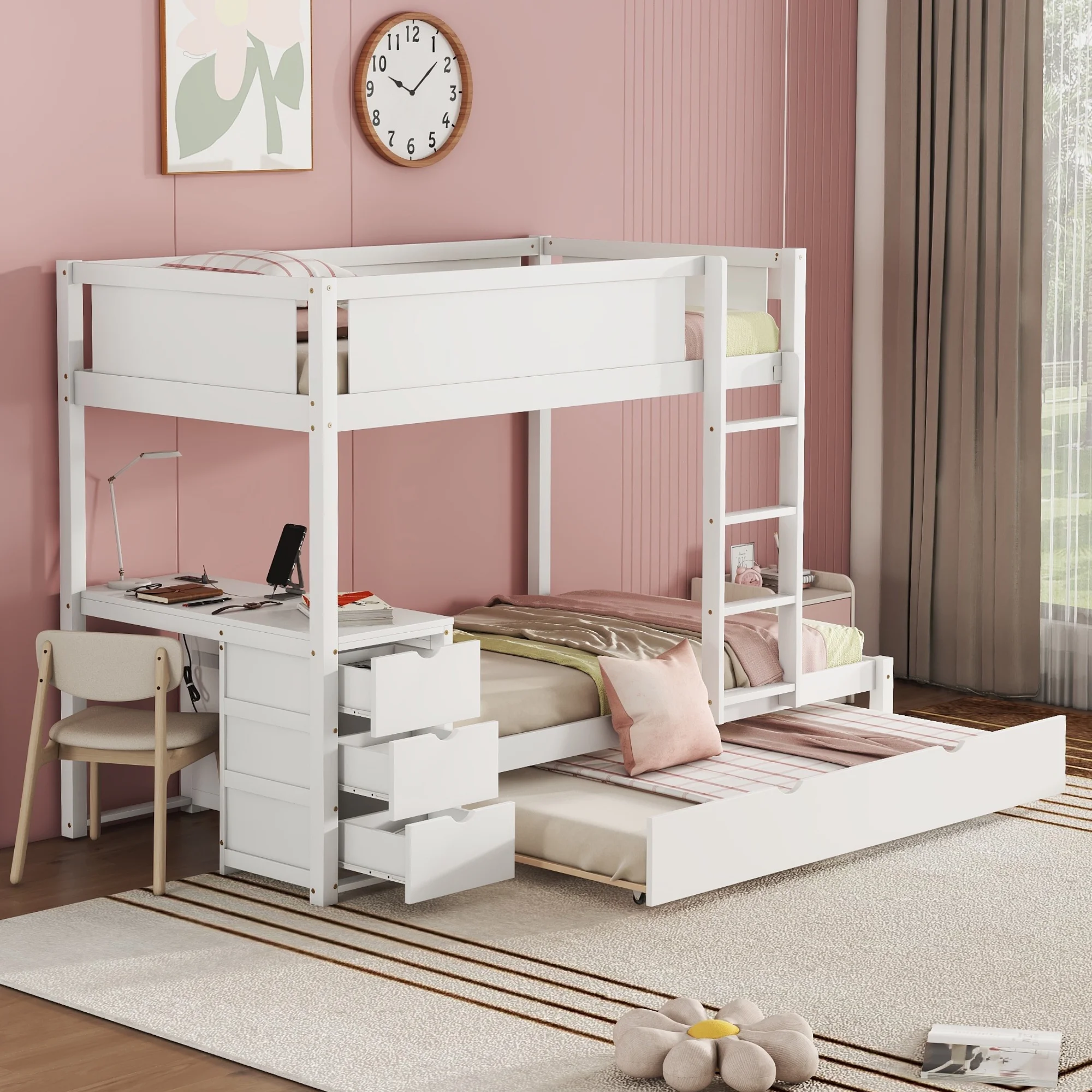 Churanty Twin Over Twin Bunk Bed with Trundle and Desk, Solid Wood Bunk Bed Frame with Storage Drawers and shelves for Kids Girls Boys Bedroom,White