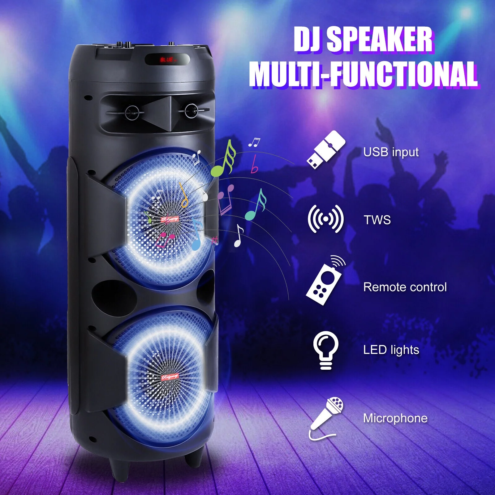 BEYGO Portable Party Speaker with Double Subwoofer Heavy Bass,Bluetooth 5.0 Wireless Outdoor Speaker with Mic,Stereo Sound, for Home,Party,Travel,Support FM Radio,Black