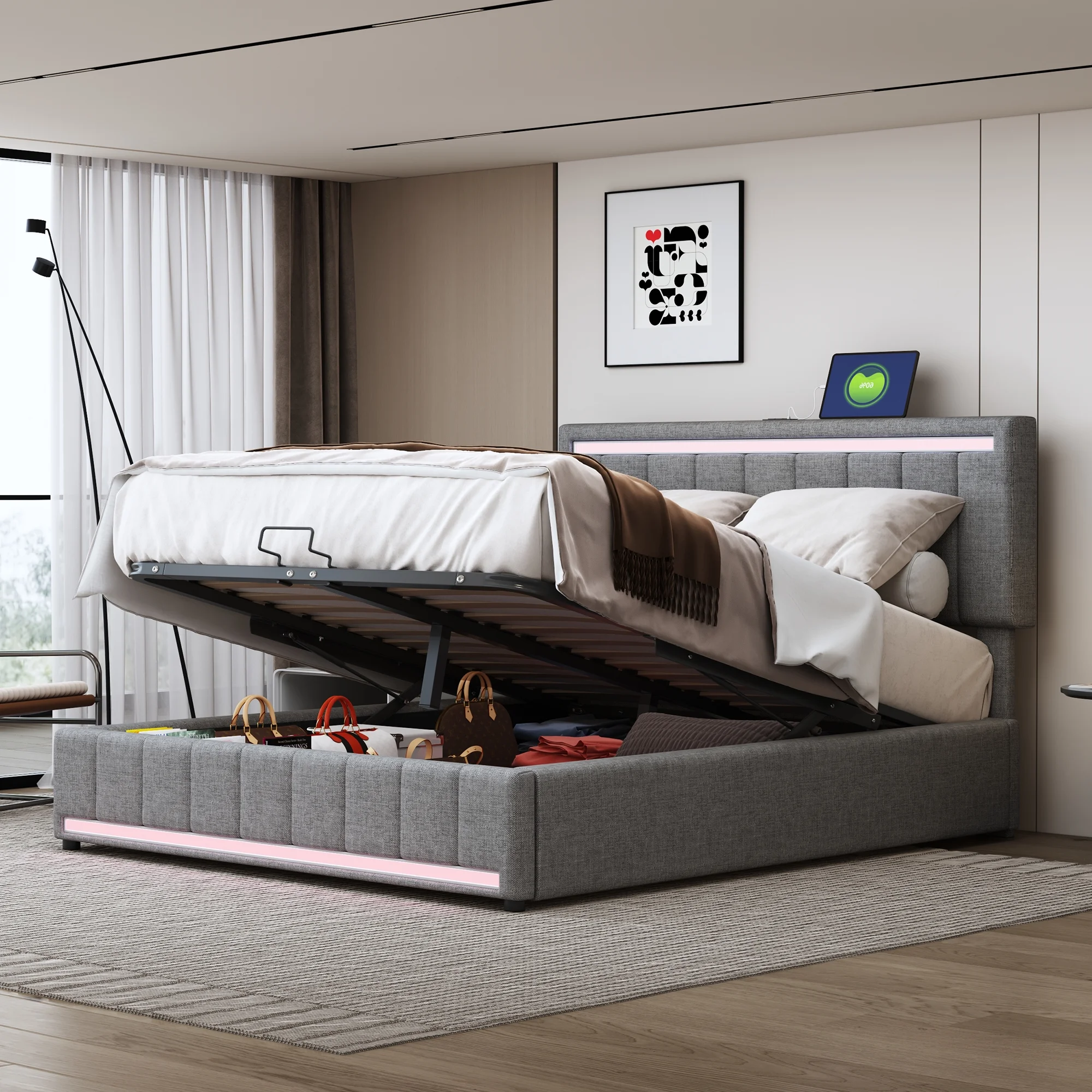 Churanty Full Upholstered Platform Bed with Hydraulic Storage System and LED Light, Full Size Platform Bed Frame with USB Ports and Sockets, Gray