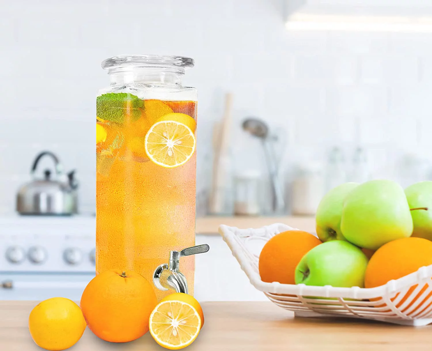 Tall Square Glass Mason Jar Drink Dispenser With Stainless Steel Spigot, 80 oz (2.36 Liters)