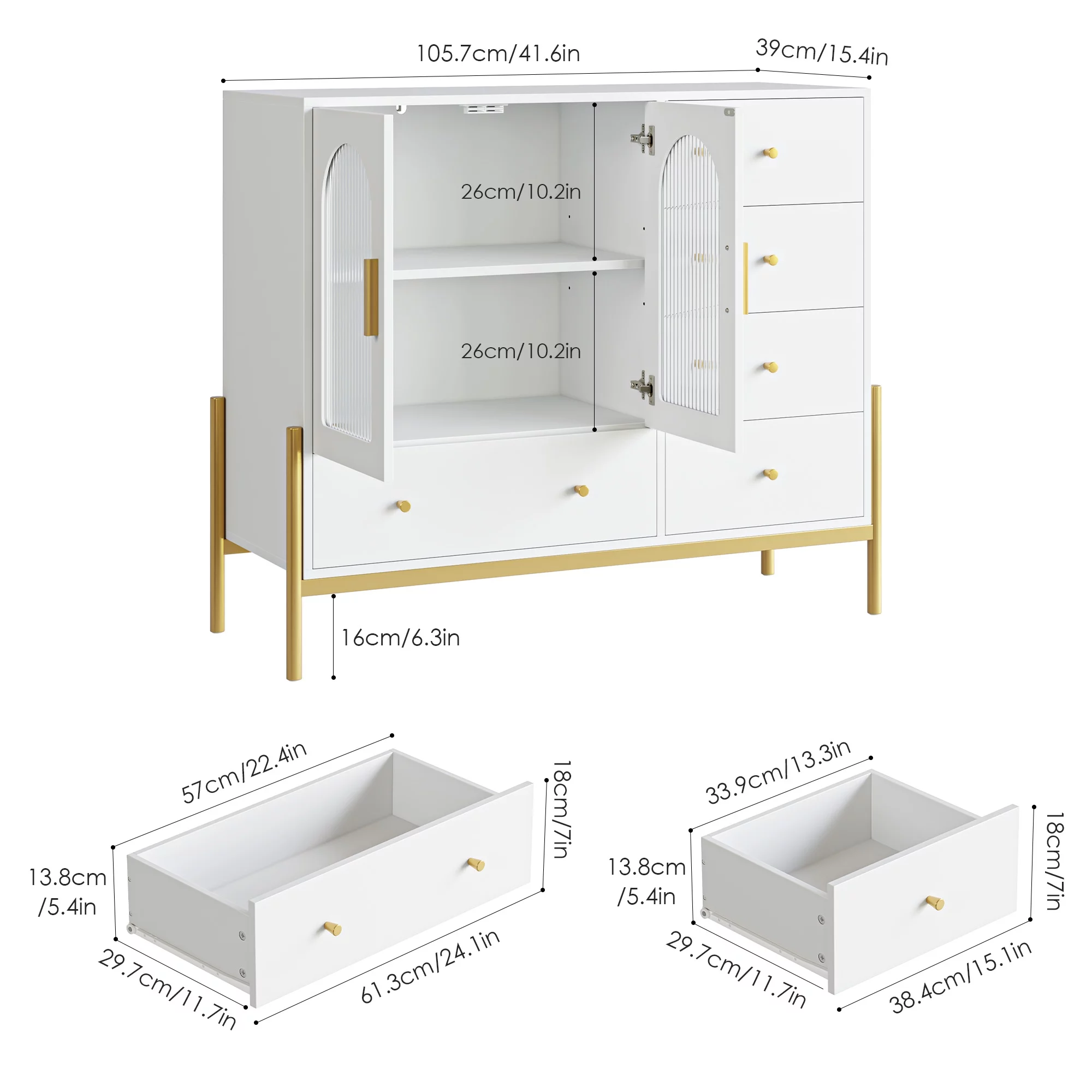 Homfa 5 Drawer Dresser for Bedroom, Modern Accent Storage Cabinet with Glass Door and Metal Base for Adult, White