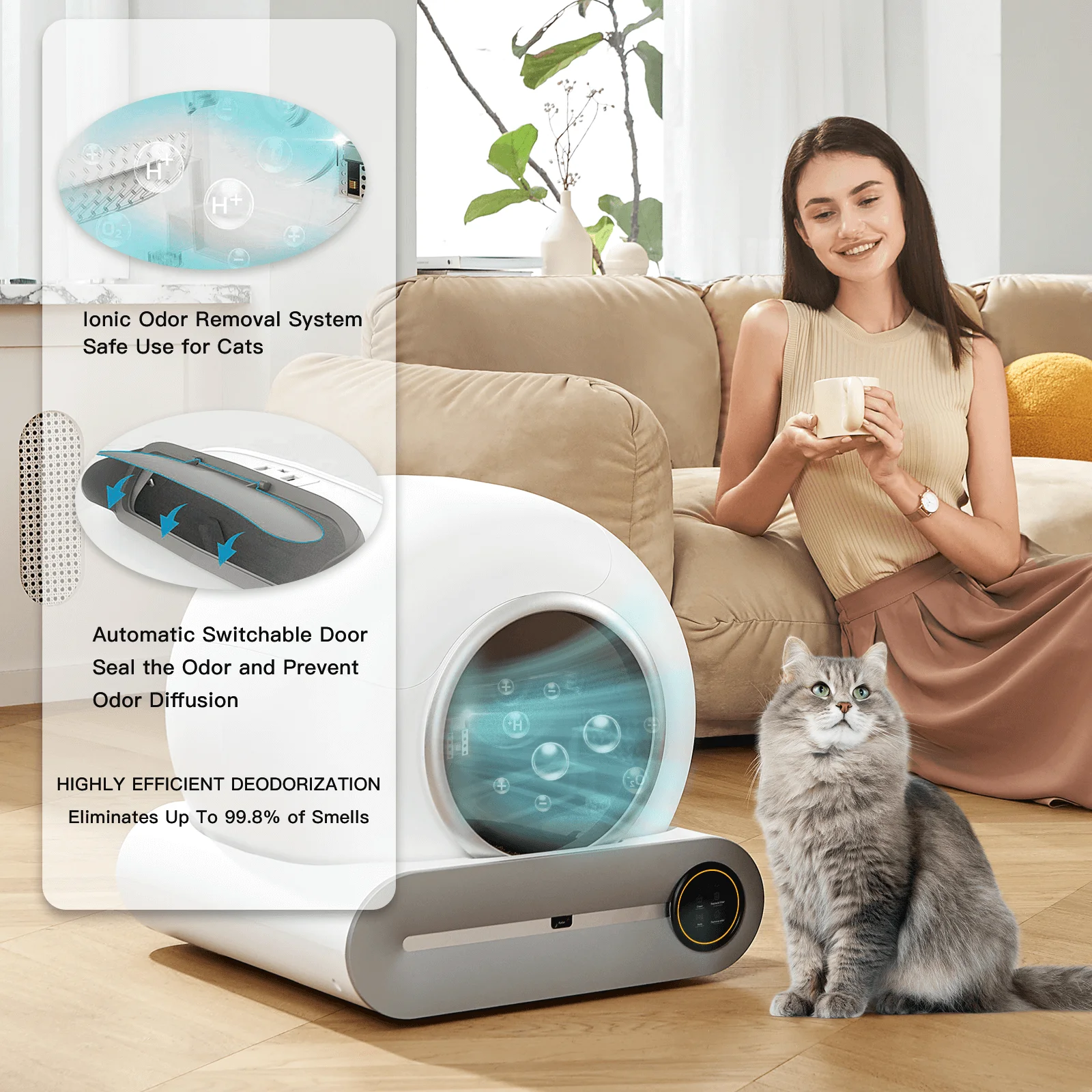 Automatic Cat Litter Box , Suitable For 1-3 Cats, Self-cleaning 65l+9l Large Capacity Cleaning Robot, App Control/odor Removal/safety Protection Smart Cat Litter Box