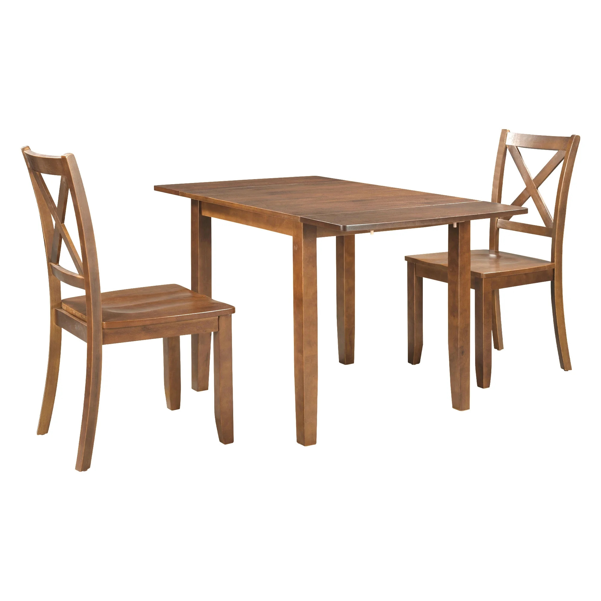 PAPROOS 3 Piece Wood Dining Table Set with Drop Leaf and 2 X-back Chairs, Modern Dining Room Table and Chairs Set for Small Space, Brown
