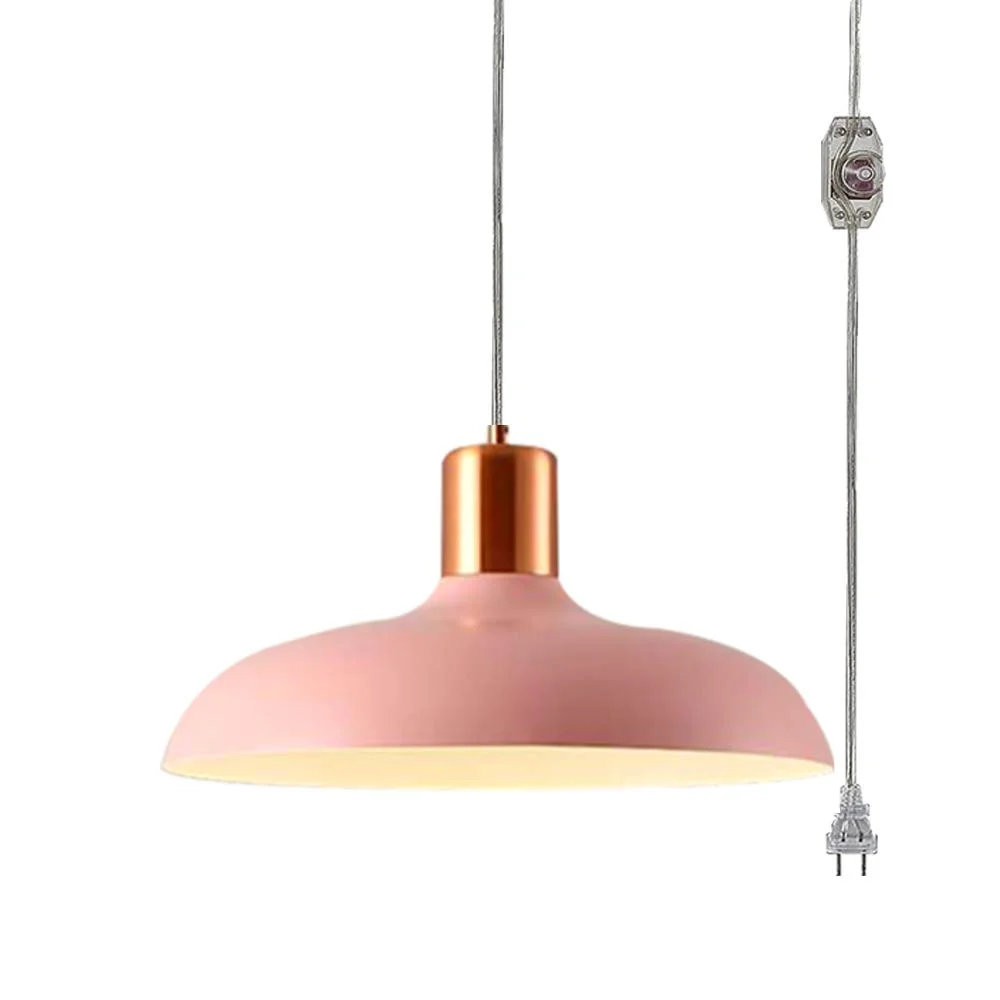 FSLiving No Wiring Needed Instant On Hanging Pendant Lamp with 15ft Plug-in UL Dimmable Cord Macaron Pink Lamp Iron Stoving Varnish Finished Lampshade Customizable,Bulb Sold Separately - 1 Light