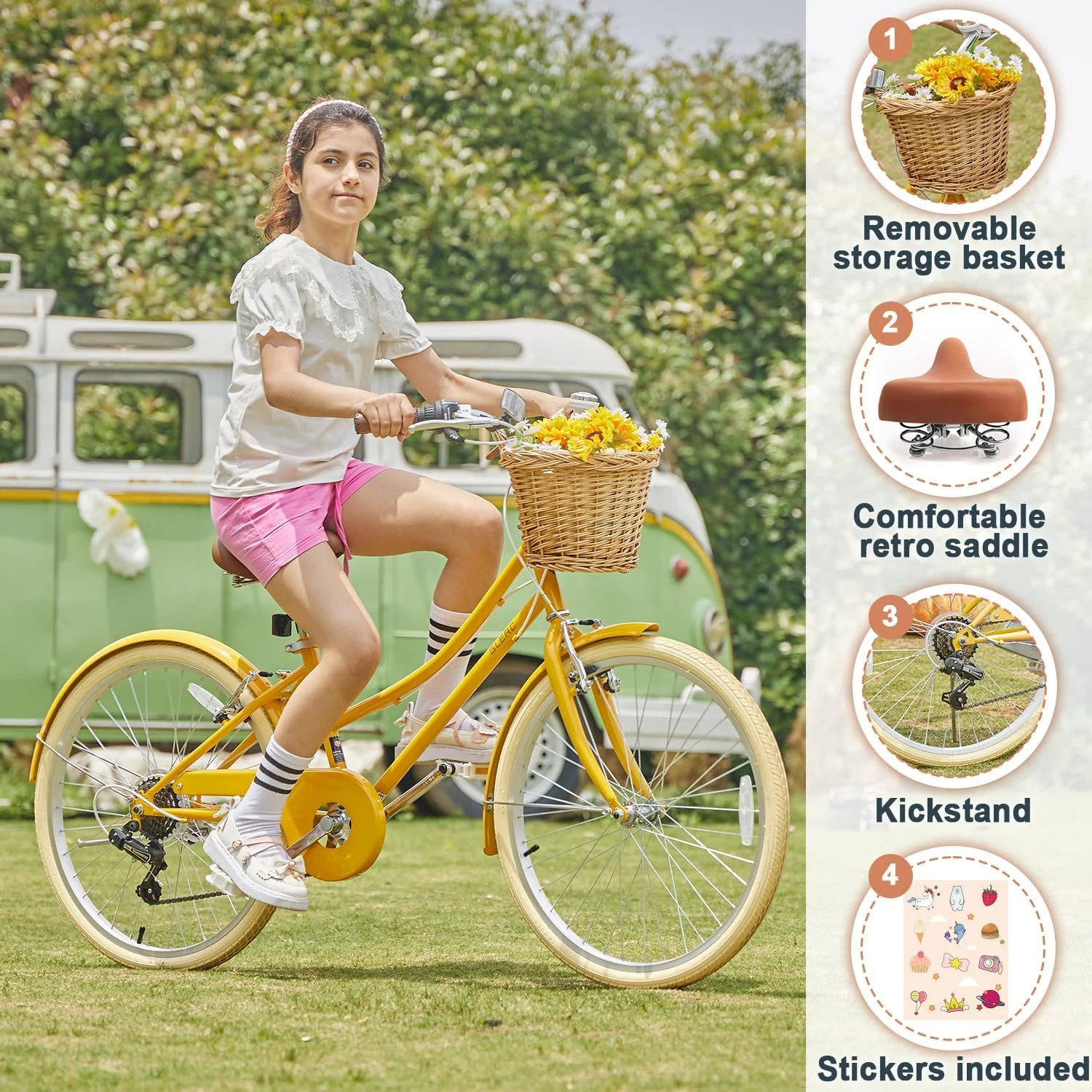 Glerc 24 inch Girls Cruiser Bike 6-Speed Women's Hybird Bicycle for Ages 7-11 Years,Yellow
