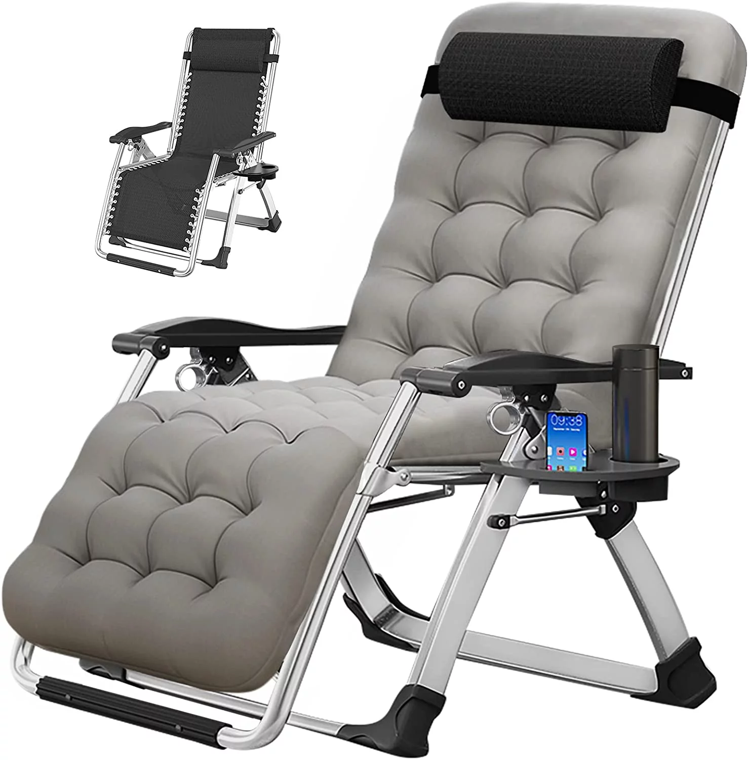 Slsy Zero Gravity Chair with with 2 Sided Cushion & Headrest, Lawn Recliner, Reclining Patio Lounger Chair, Folding Portable Chaise with Cup Holder