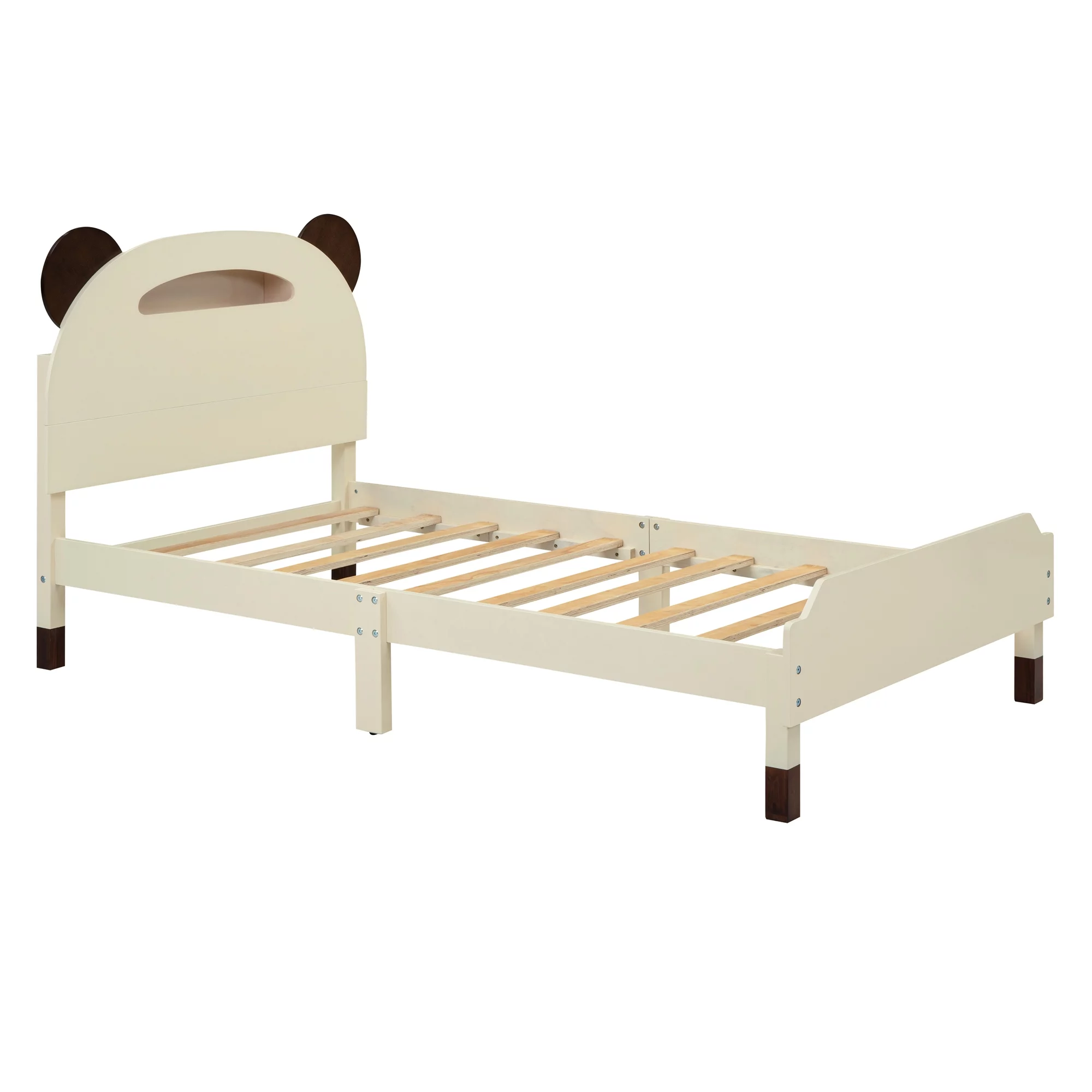 CoSoTower 3-Pieces Bedroom Sets Twin Size Bear-Shape Platform Bed with Nightstand and Storage Dresser,Cream+Walnut